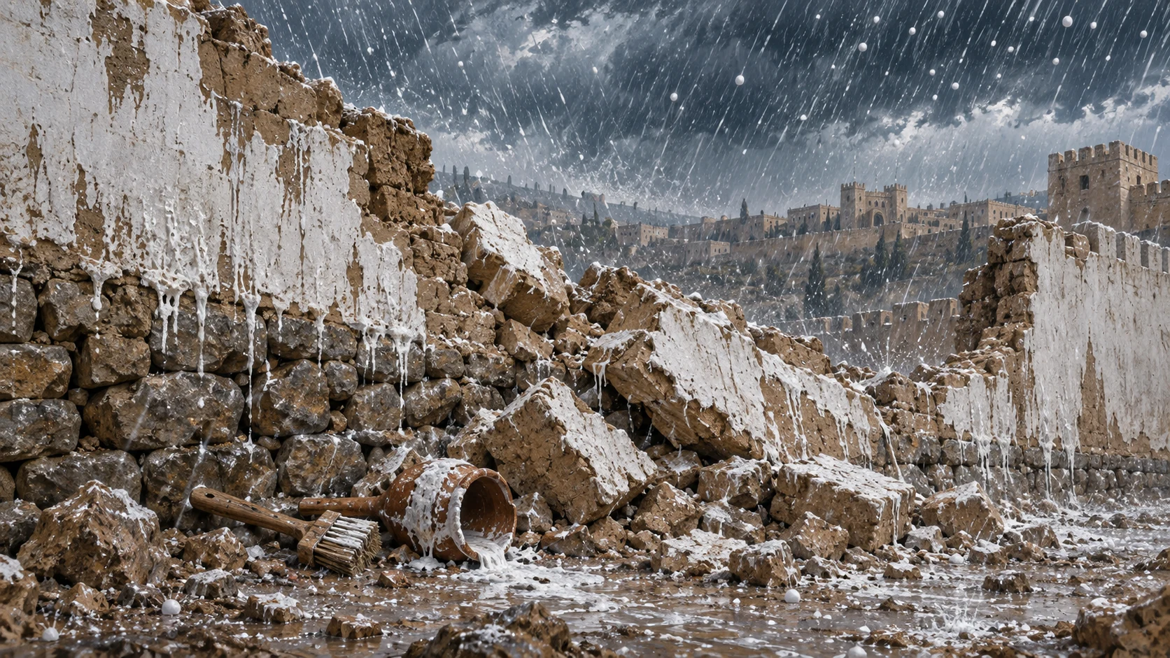 Rain and hail batter fallen whitewashed masonry and exposed foundations.