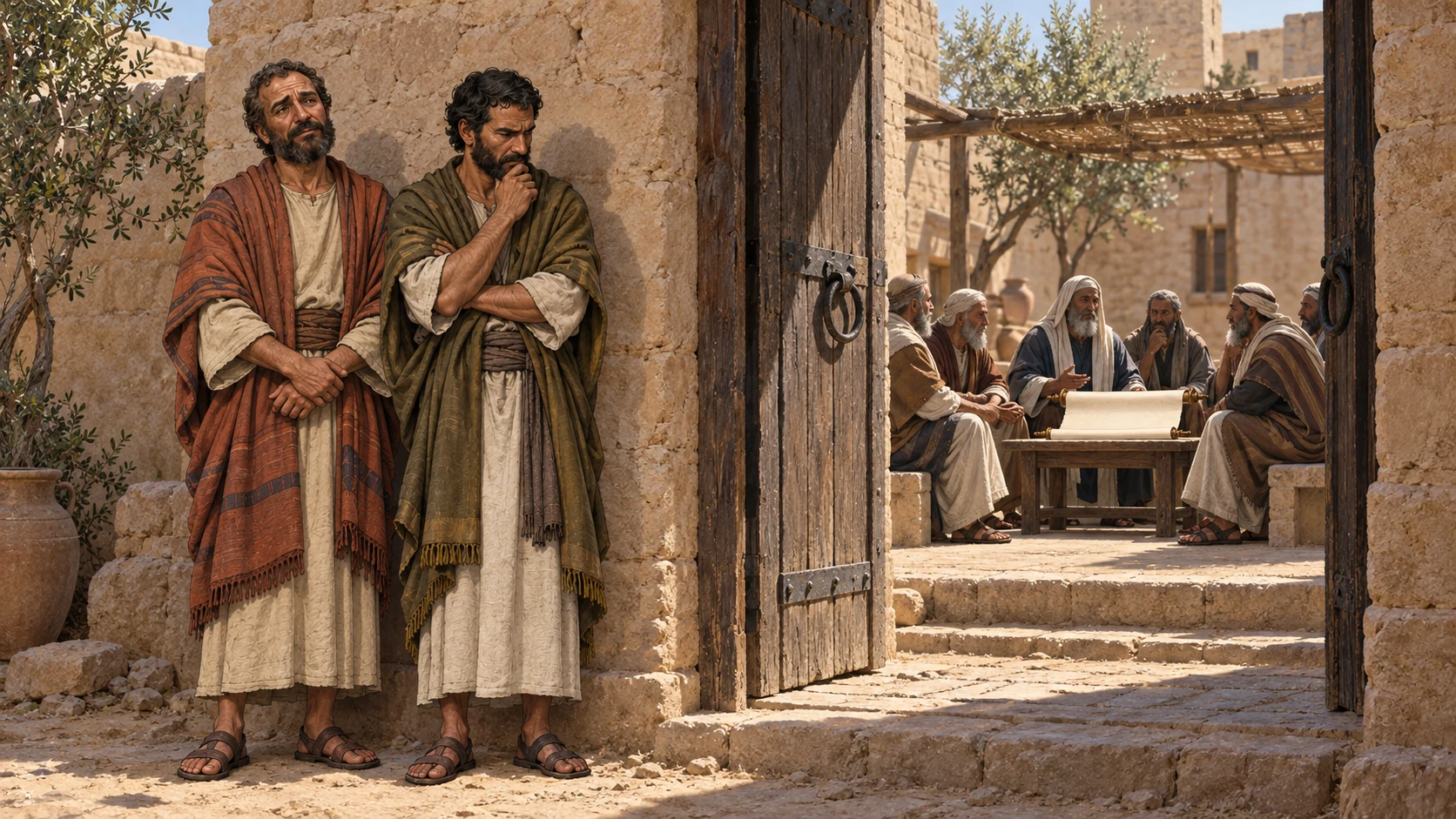 Two false prophets stand outside a doorway while elders gather inside.