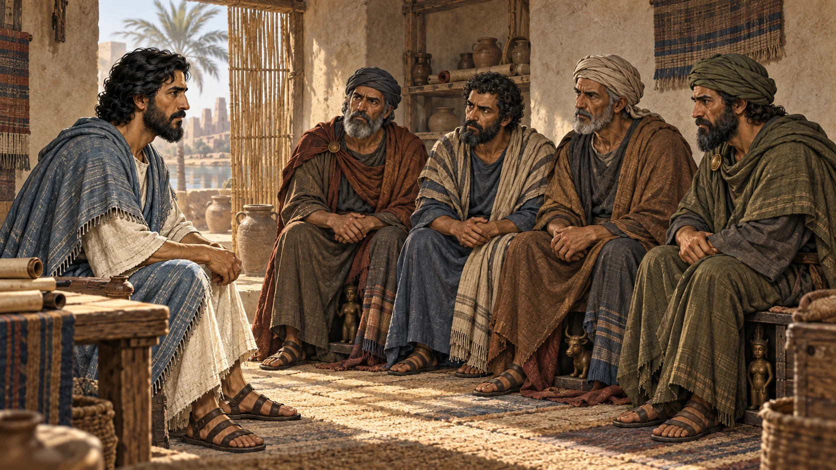 Ezekiel sits opposite four elders while household figurines remain partly hidden in shadow.