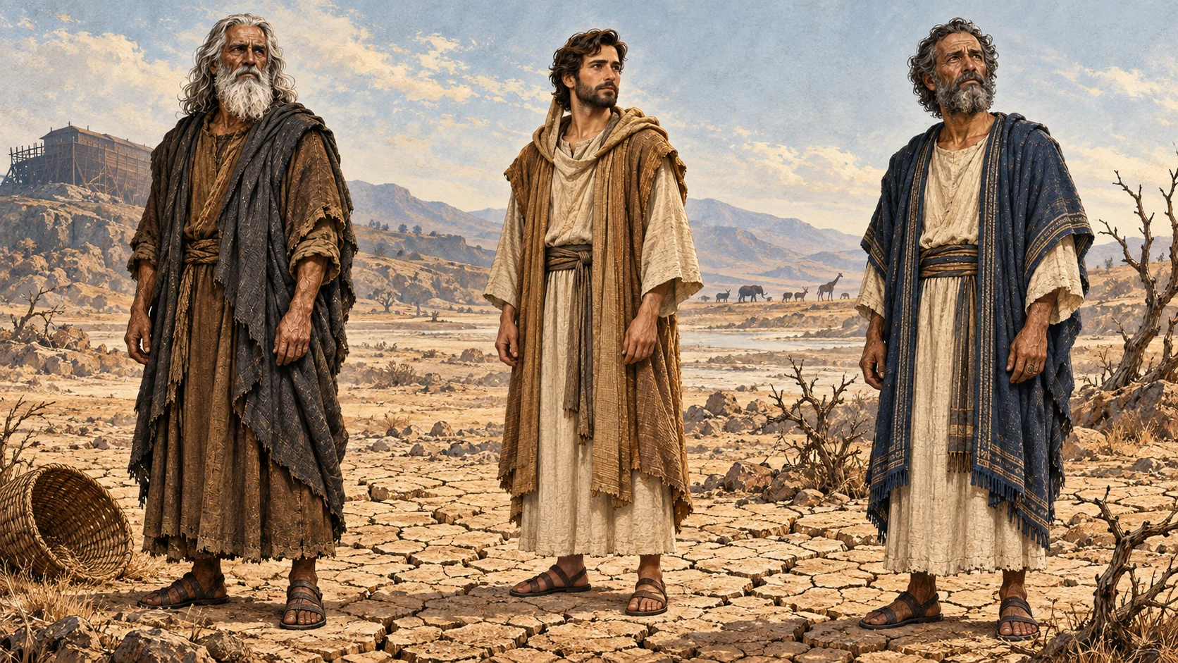 Noah, Daniel, and Job stand apart on drought-cracked ground beside an empty grain basket.