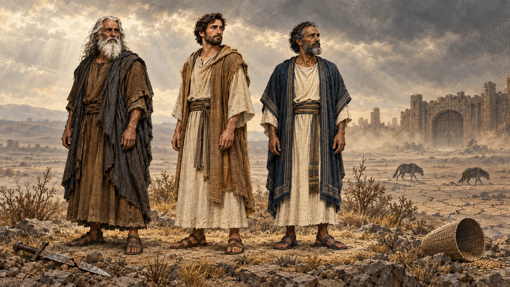 Noah, Daniel, and Job stand in a desolate landscape with restrained symbols of sword, famine, beasts, and plague.