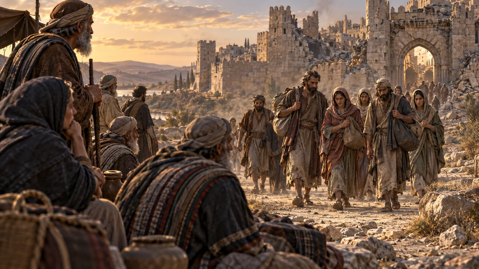 Dusty adult survivors leave damaged Jerusalem while exiles watch with grief and understanding.