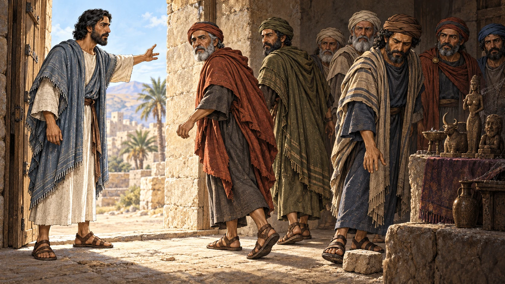 Ezekiel gestures toward daylight as elders turn from a shadowed ledge and loose stone.