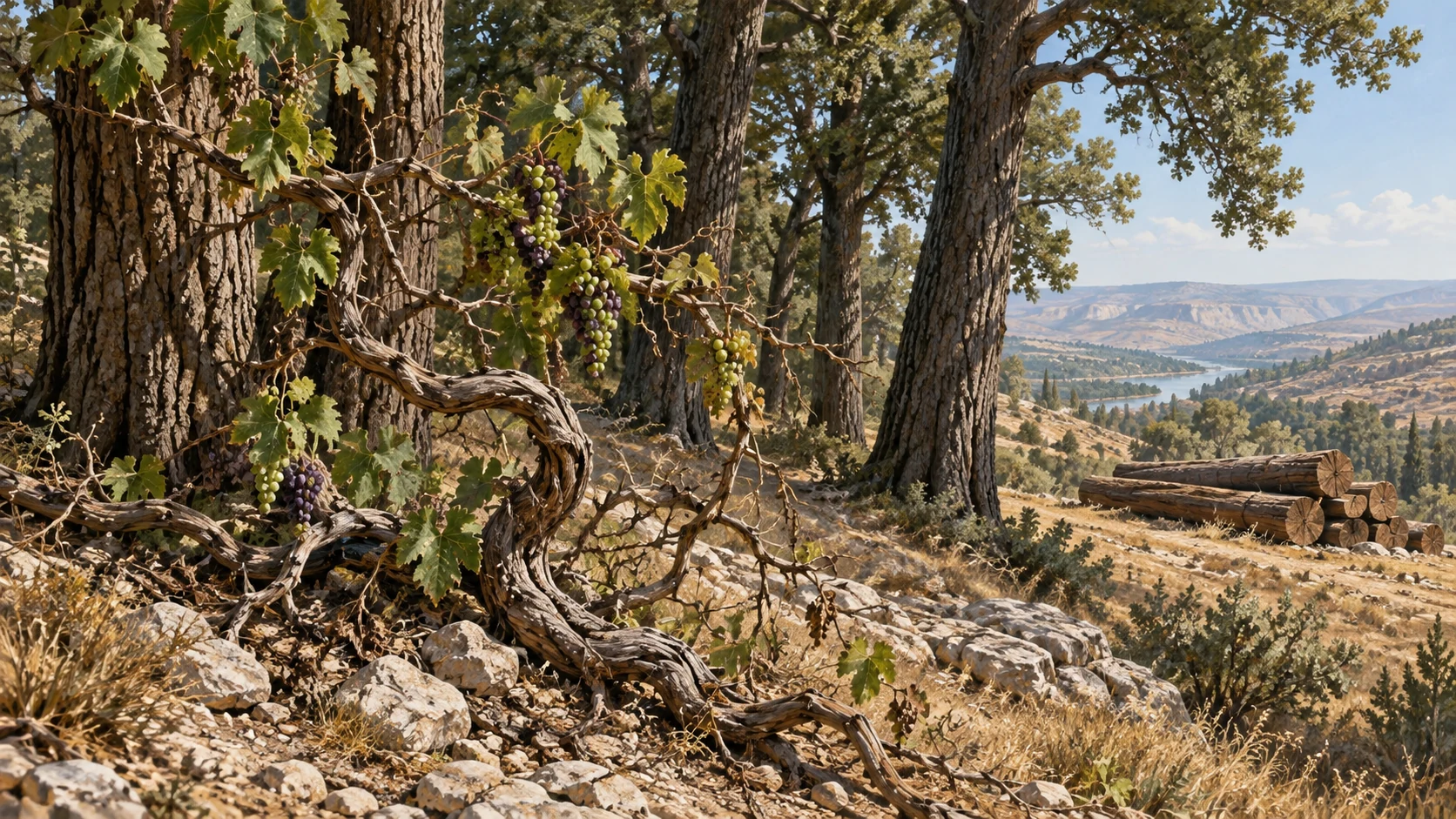 A twisting grapevine grows among strong trees while cut timber rests far away.