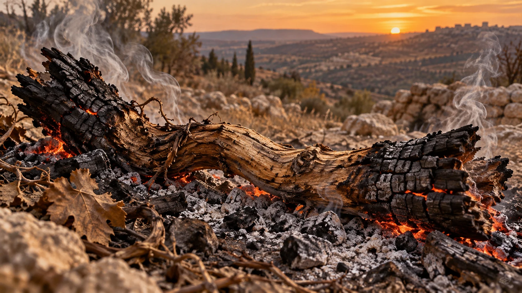 A grapevine branch lies charred at both ends across glowing outdoor embers.