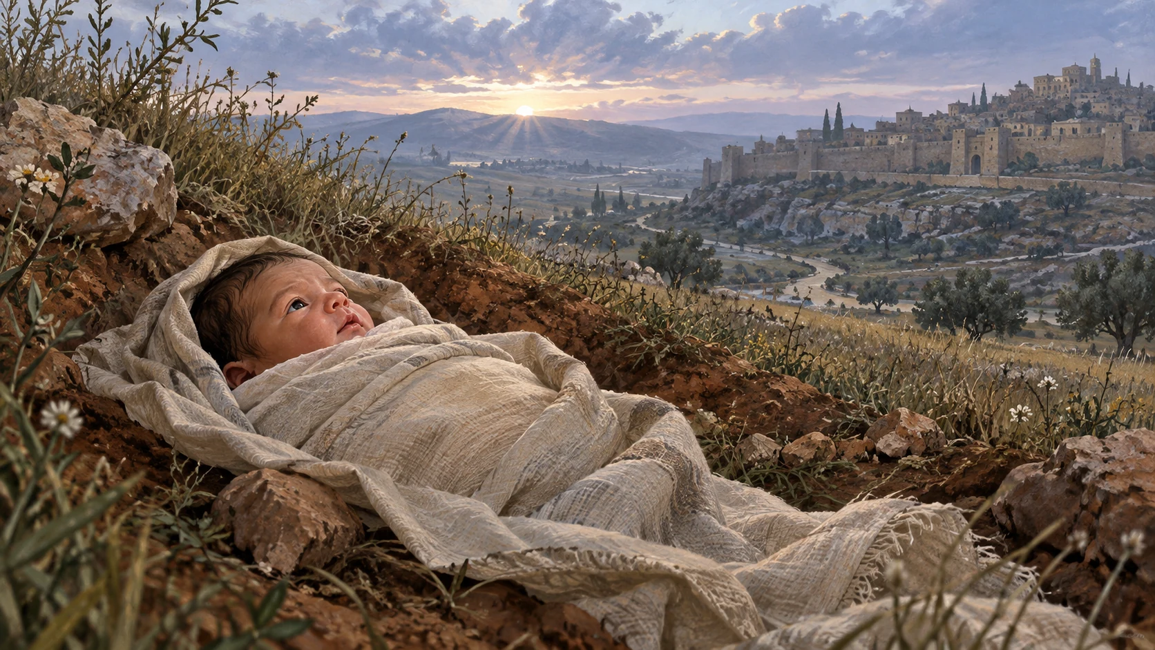 A safely wrapped newborn lies alive in a field hollow at dawn with Jerusalem distant.