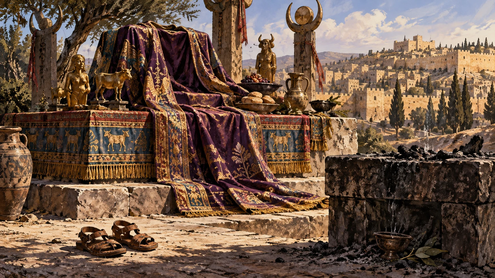 Rich cloth, food, and jewelry-made idols fill a high place while small sandals remain far from an extinguished altar.