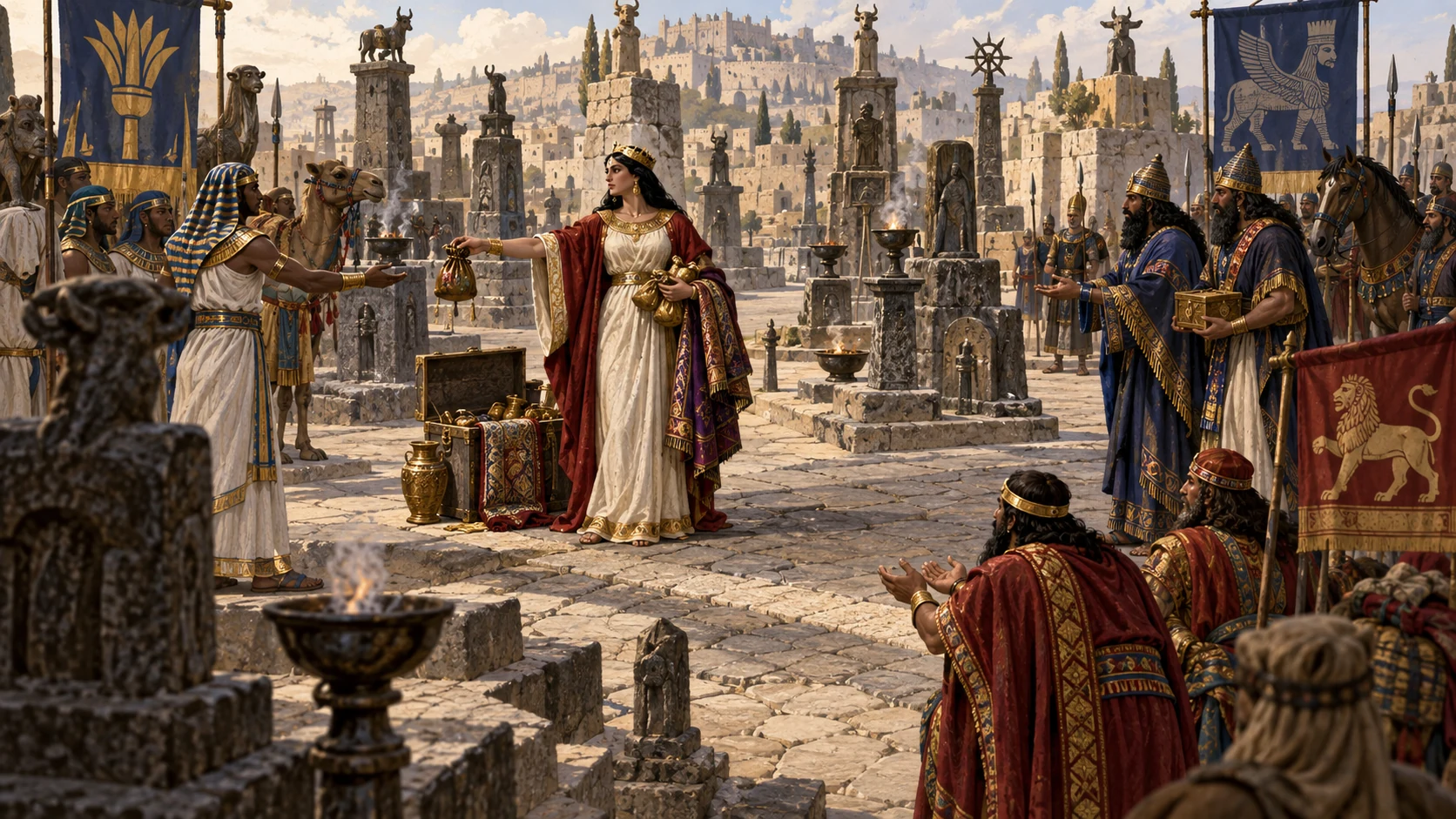 A fully clothed symbolic Jerusalem gives treasure toward Egyptian, Assyrian, and Chaldean caravans among high places.
