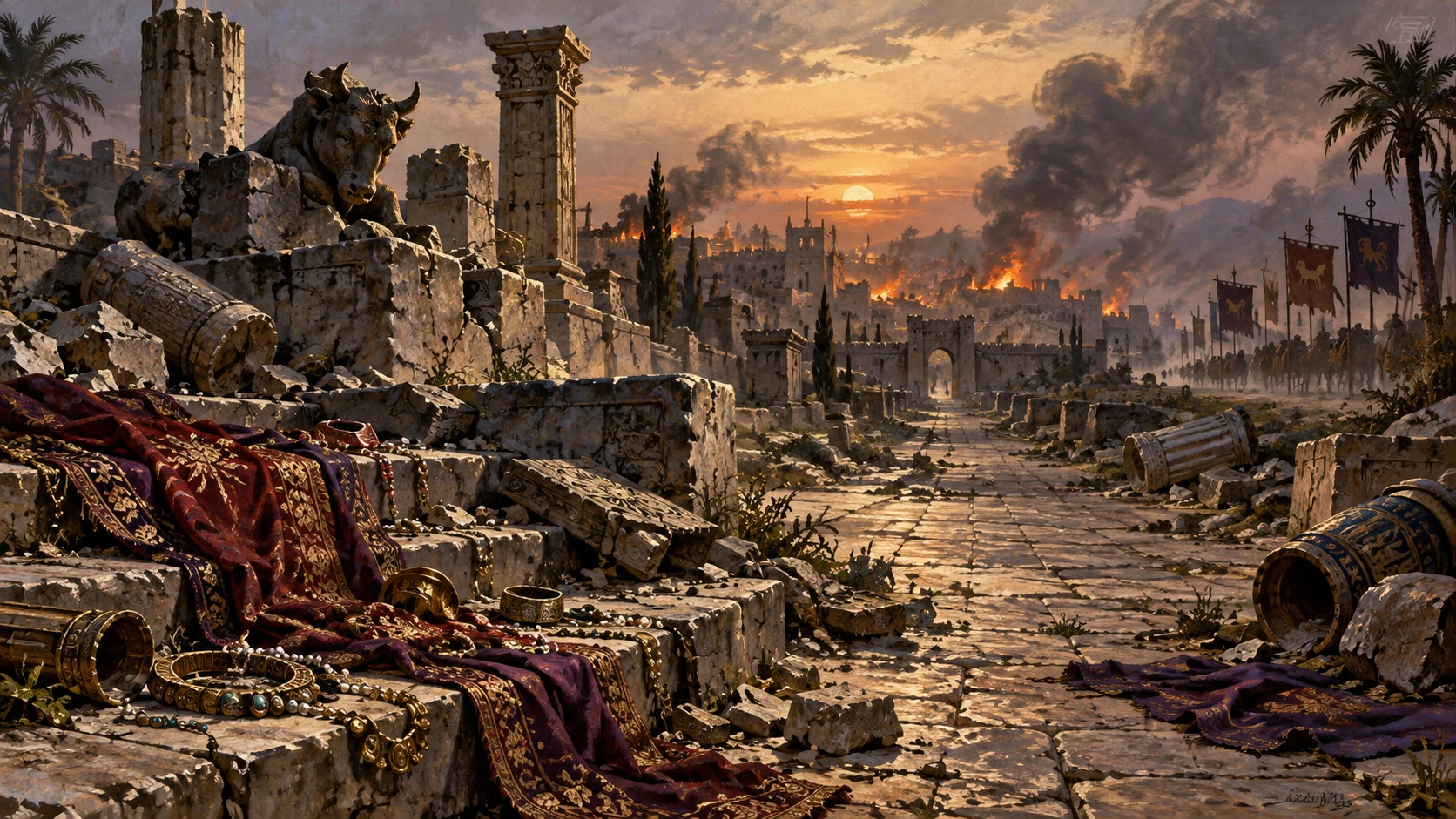 Demolished high places and scattered finery lead toward distant burning houses and withdrawing banners.