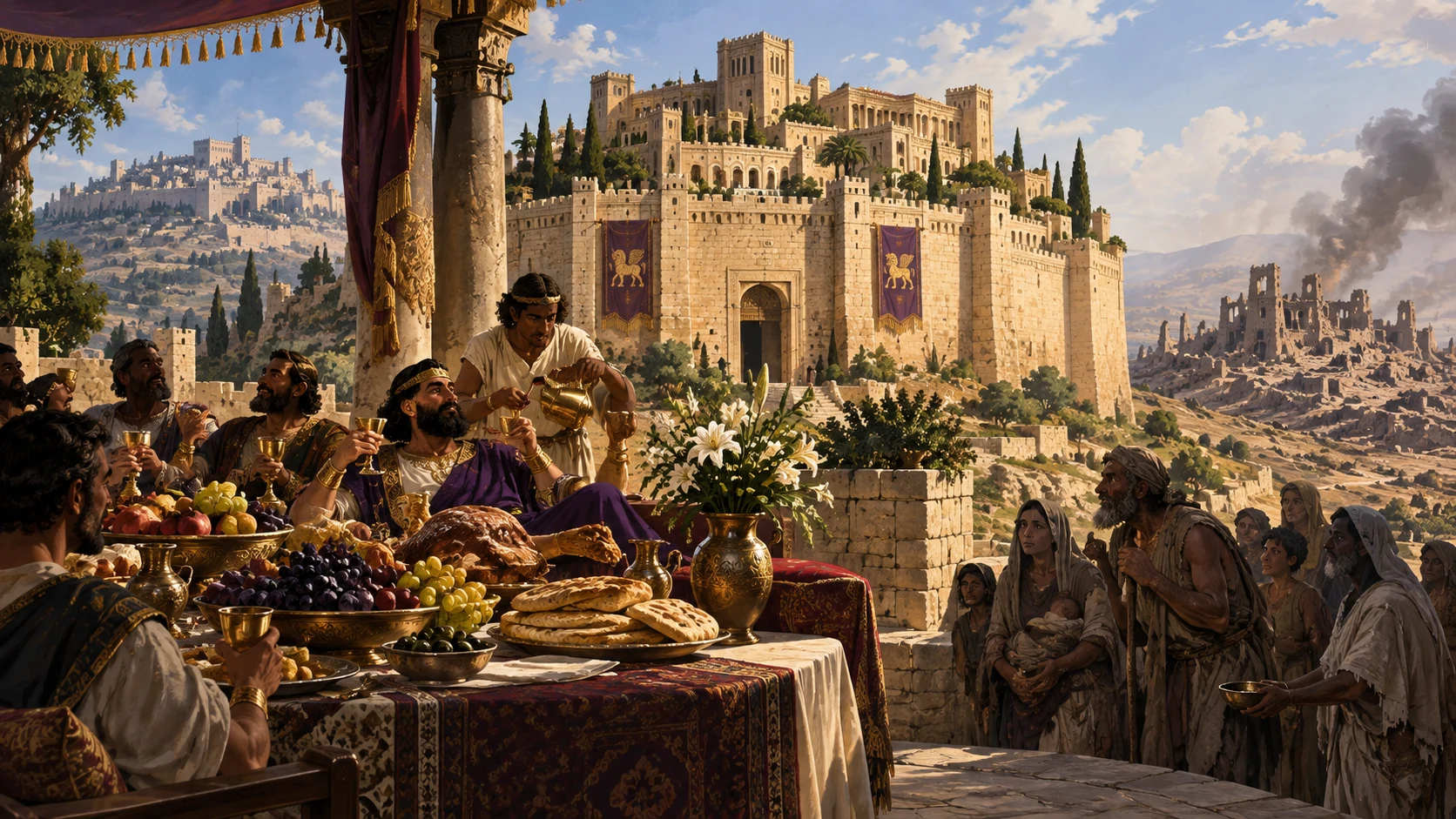 An overflowing banquet overlooks poor and needy adults, with Jerusalem, Samaria, and ruined Sodom beyond.