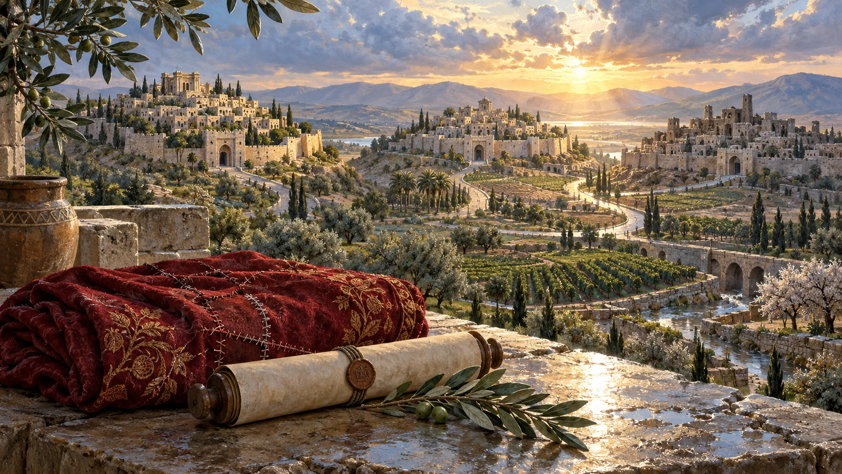 Three renewed cities share cultivated fields beside a mended mantle, sealed scroll, and olive branch.