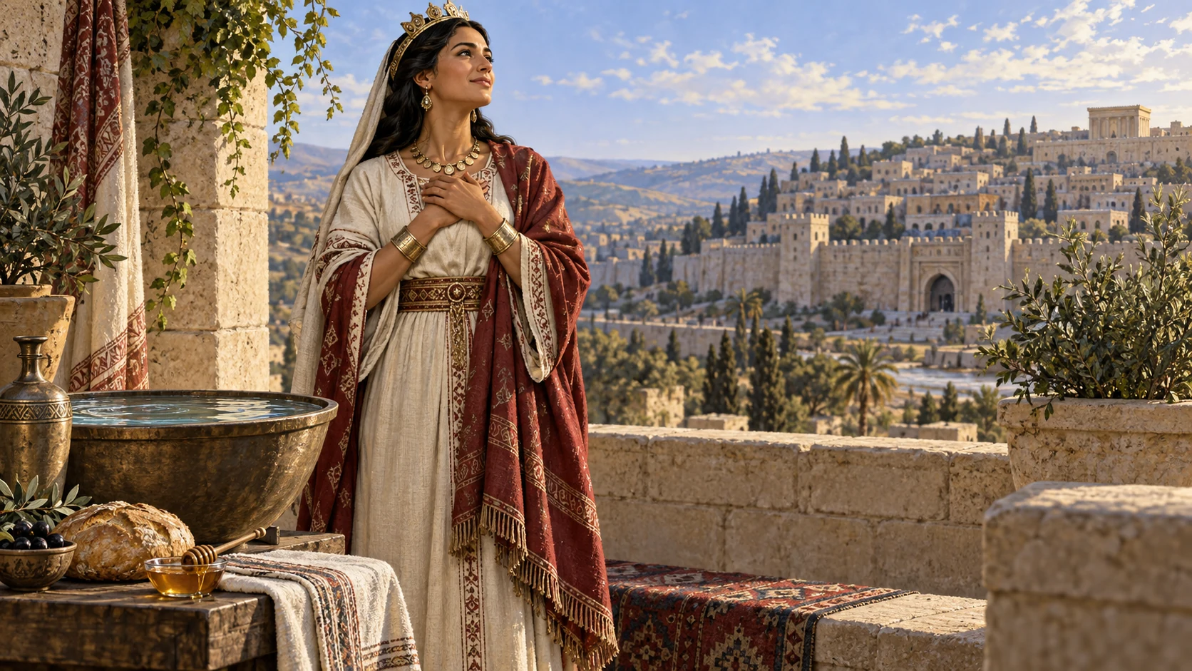 A fully clothed regal Judean woman stands beside water, oil, bread, honey, and folded cloth overlooking Jerusalem.