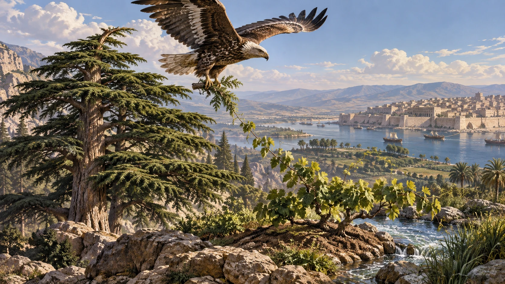 A great natural eagle carries a cedar shoot above a low vine planted beside water.