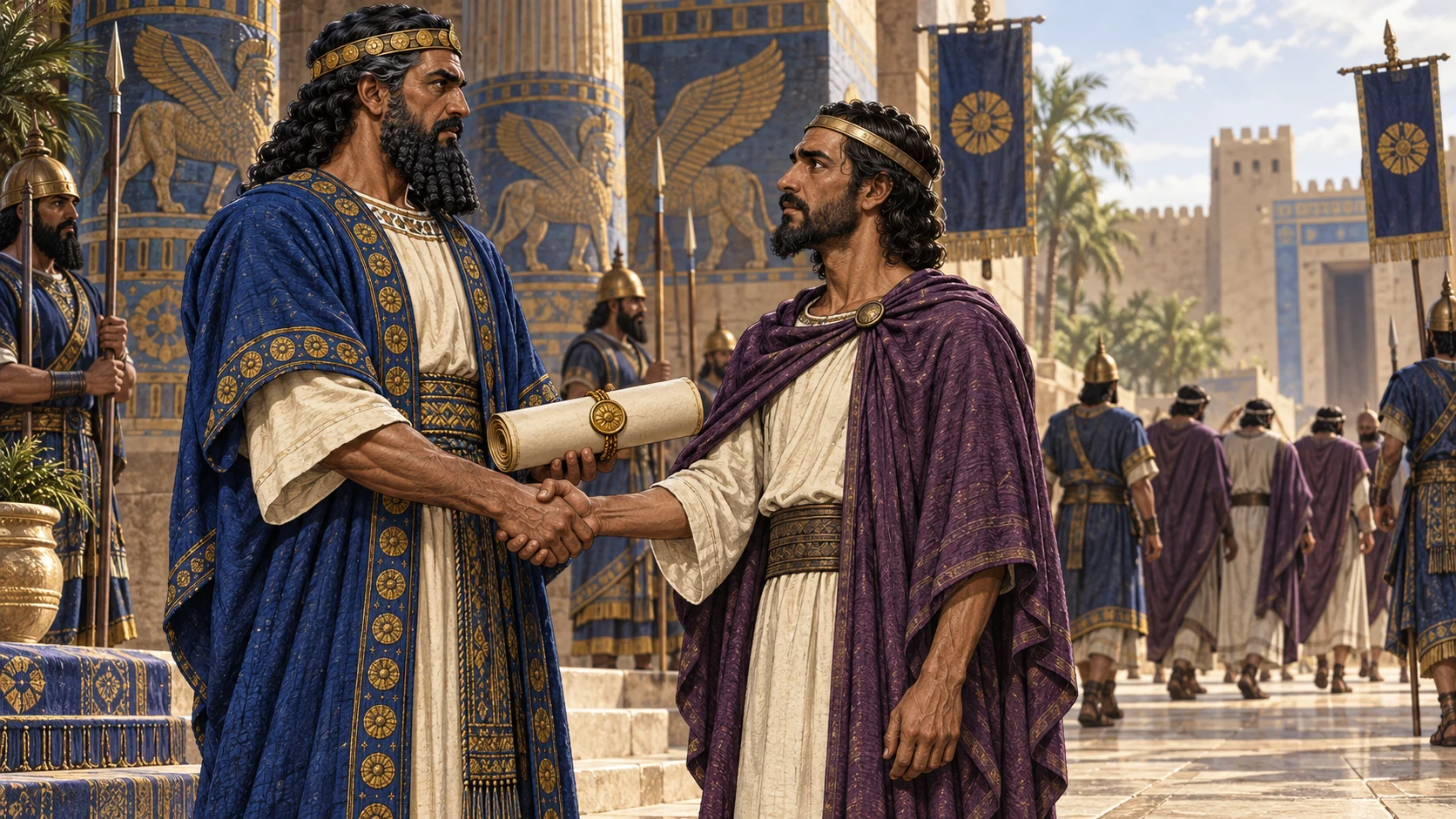 Nebuchadnezzar and Zedekiah clasp hands over a sealed covenant scroll as officials depart.