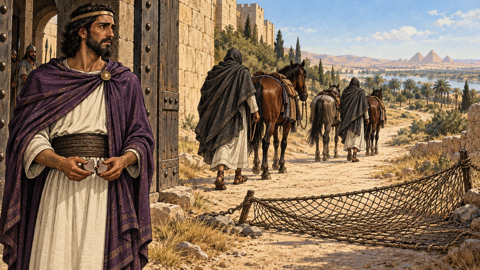 Zedekiah holds a broken seal while messengers and horses depart toward Egypt beside an empty net.