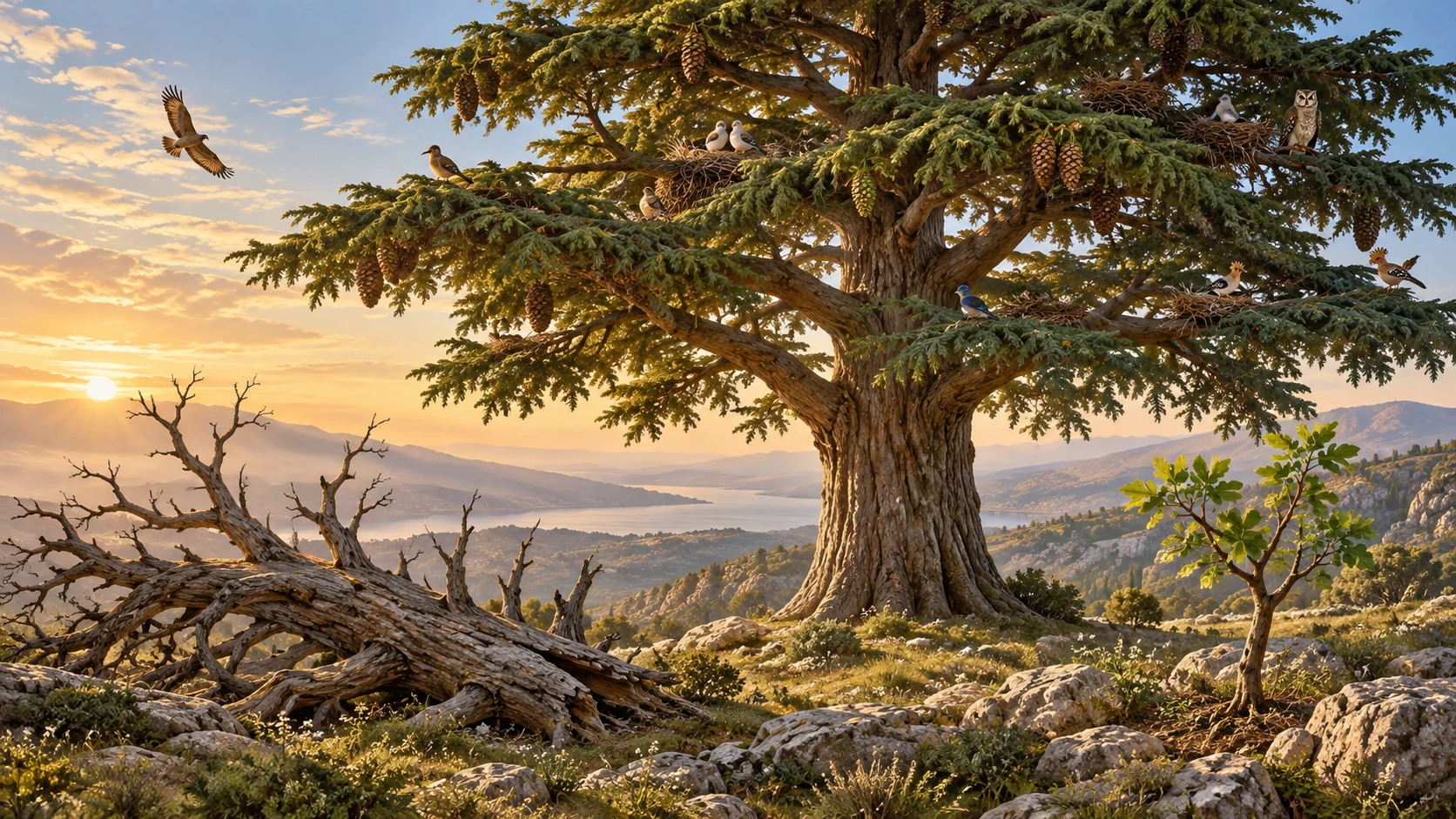 A majestic cedar shelters many birds beside a fallen dead tree and newly flourishing sapling.