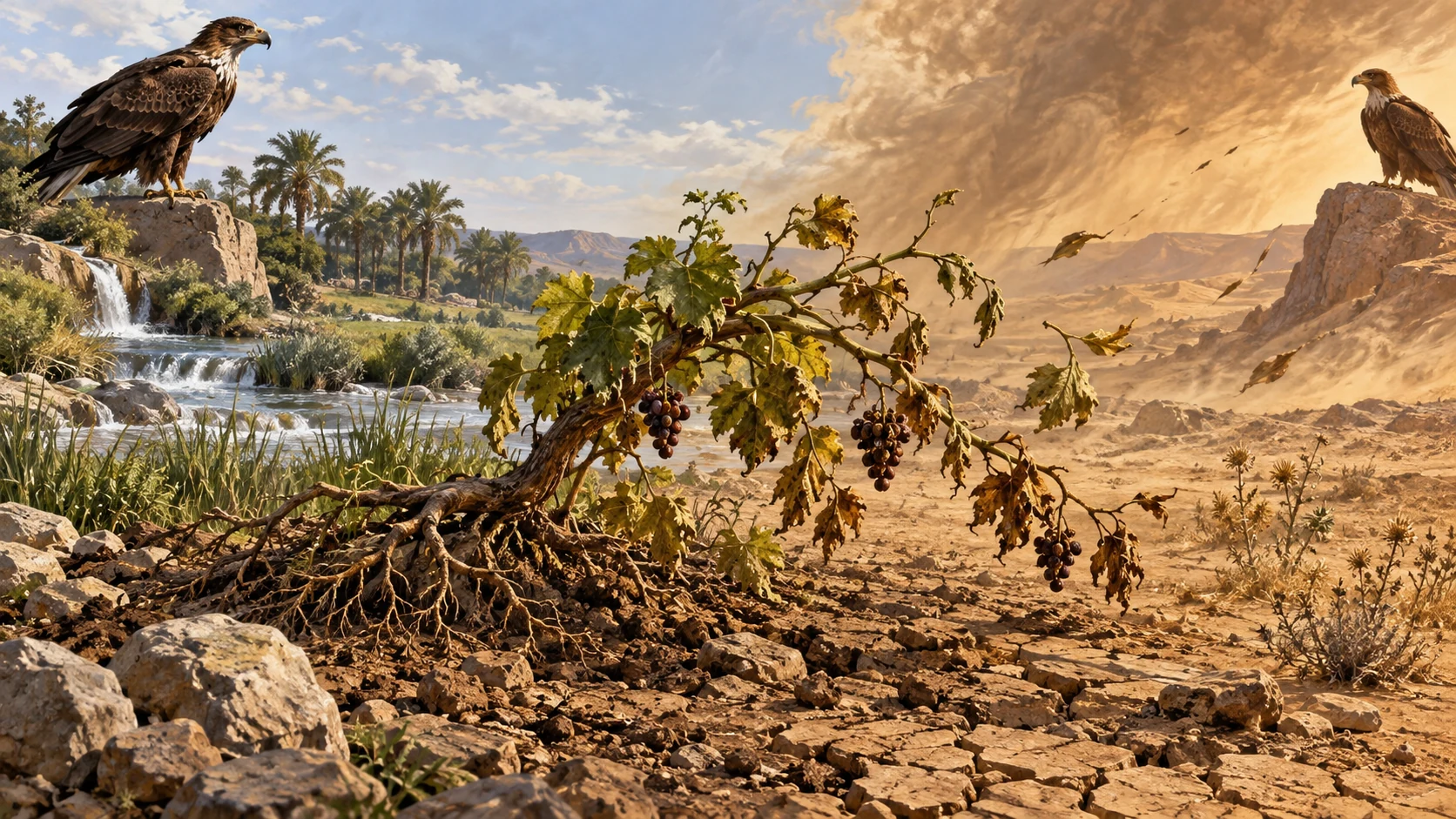 A vine reaches toward a second eagle while an east wind exposes its roots and withers its leaves.
