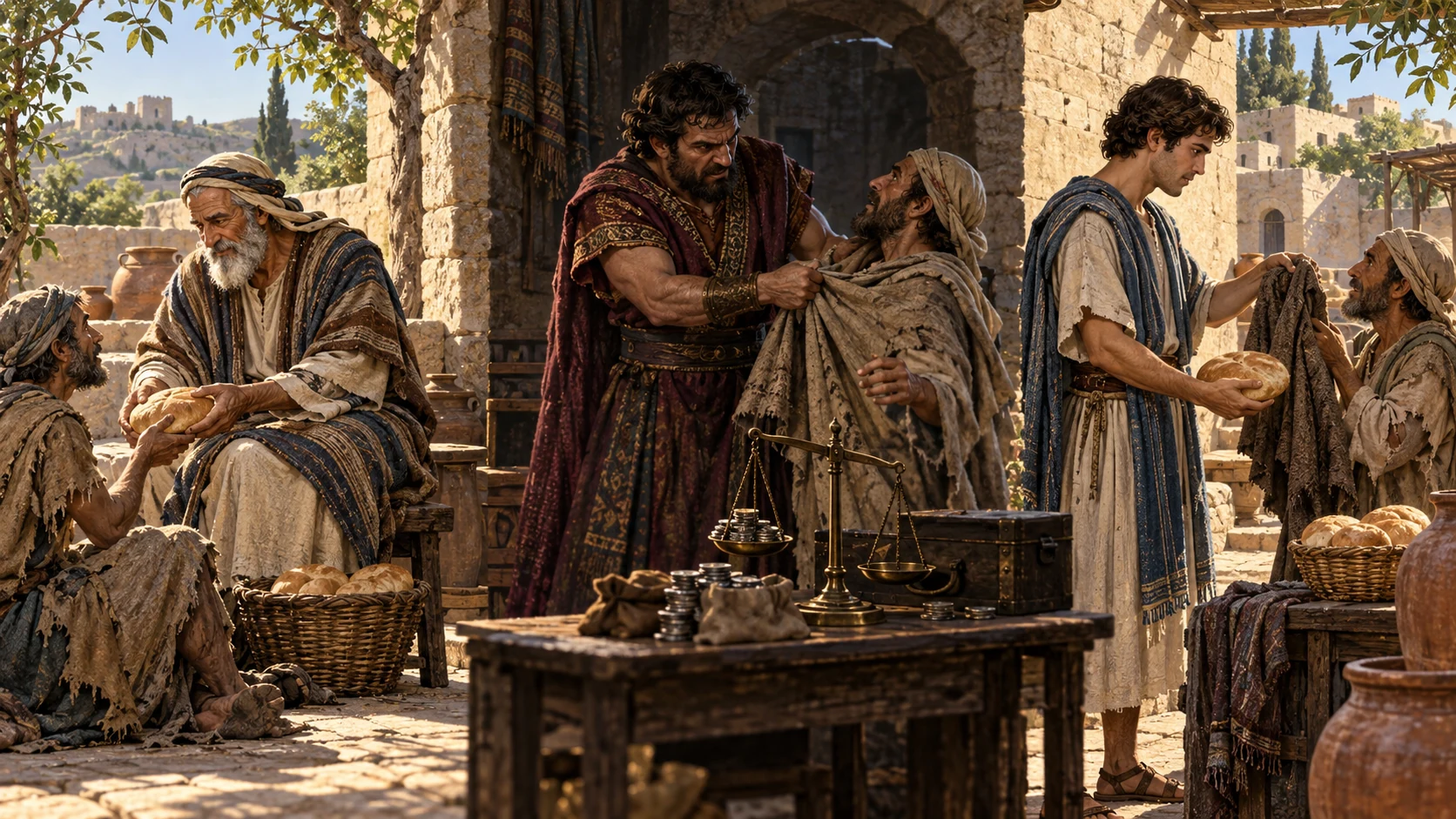 Three generations make distinct choices around bread, a seized garment, and dishonest scales.