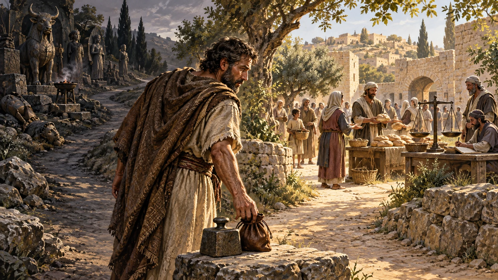 A man lays down a dishonest weight and stolen purse at a fork before turning toward bread and fair judgment.