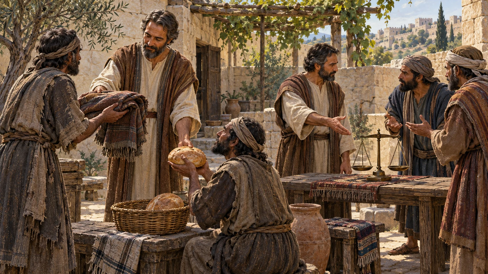 A man returns a cloak, shares bread, and reconciles neighbors beside balanced scales.