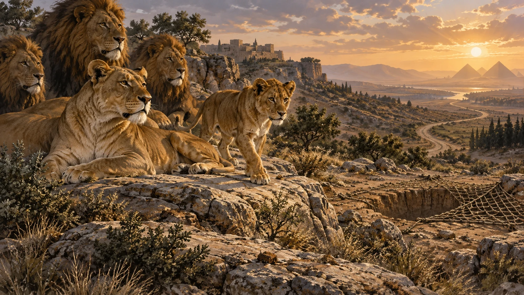 A lioness and growing cub overlook a concealed pit, net, and distant road toward Egypt.