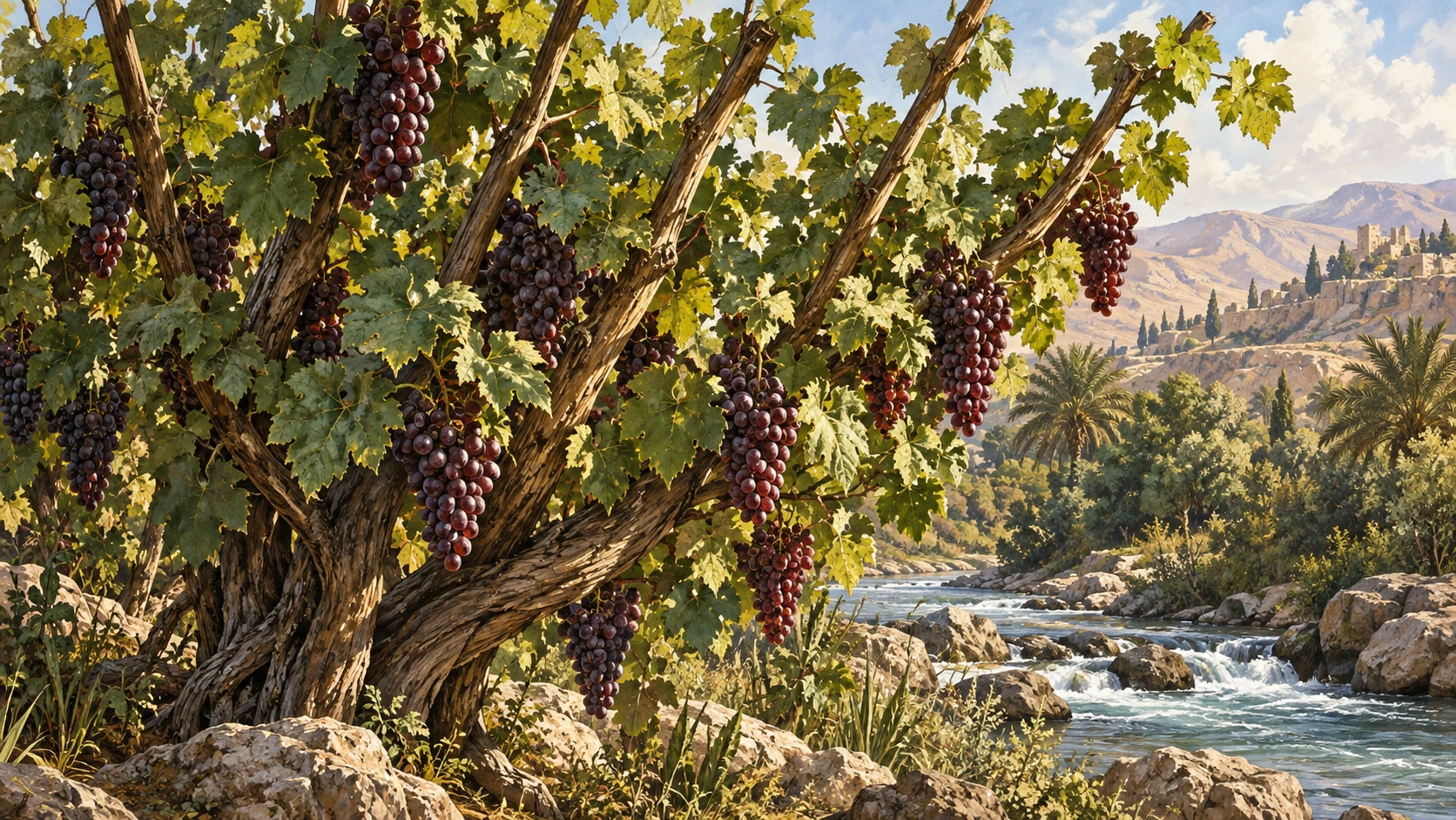 A flourishing grapevine beside flowing water bears heavy fruit and scepter-like branches.