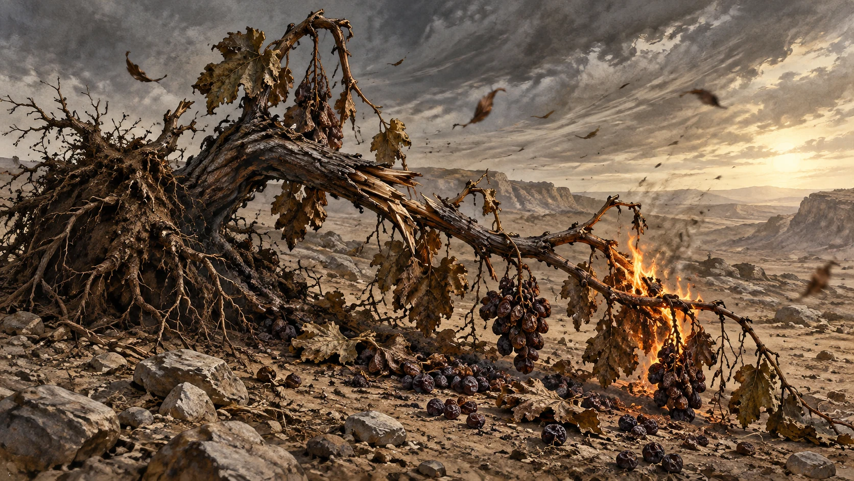 An uprooted vine with shriveled fruit burns from one dry branch in a windswept wilderness.