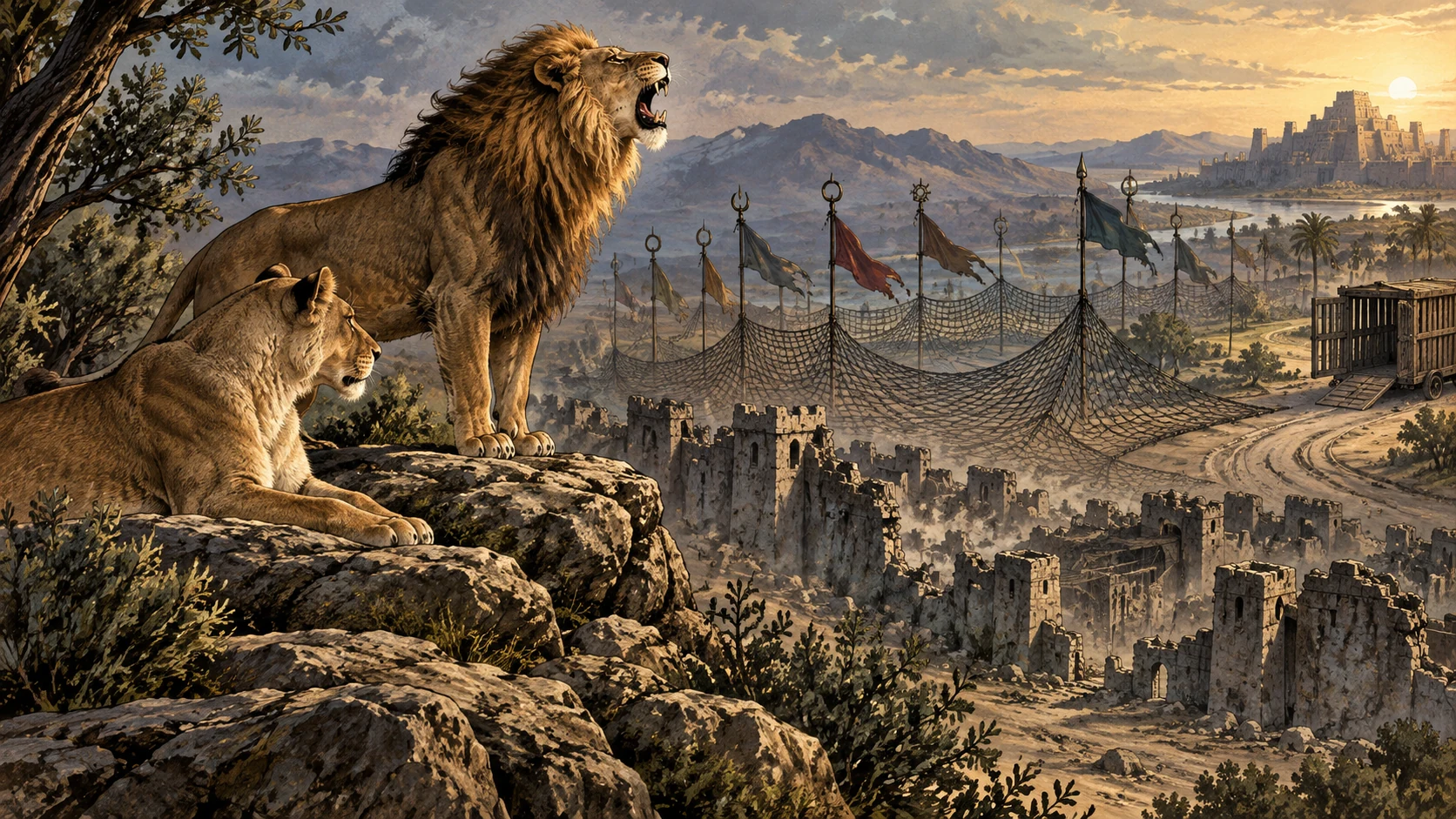 A second young lion roars above damaged city walls as a net closes across the valley.
