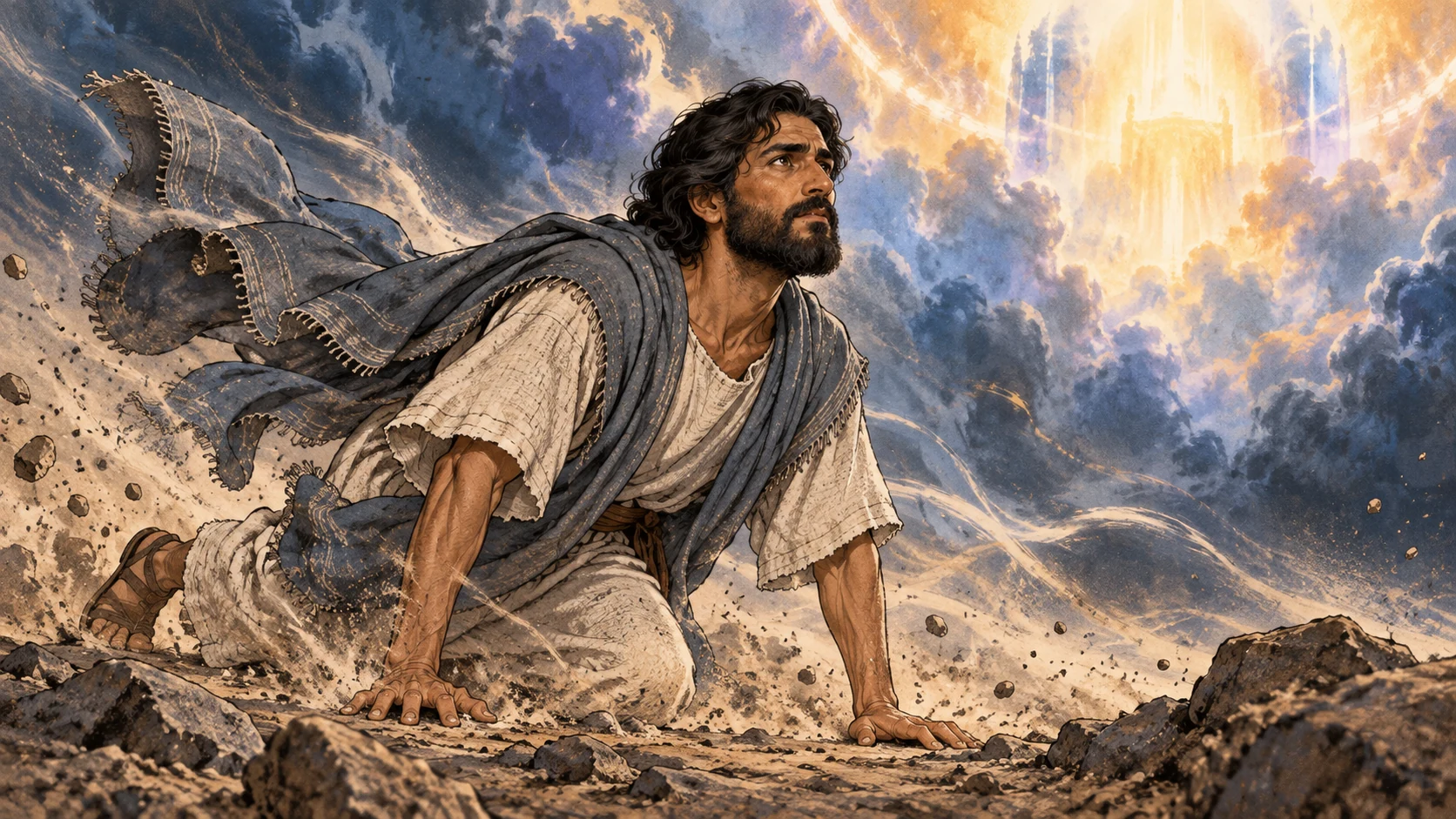 Ezekiel rises from the ground as the Spirit enters him and the voice continues.