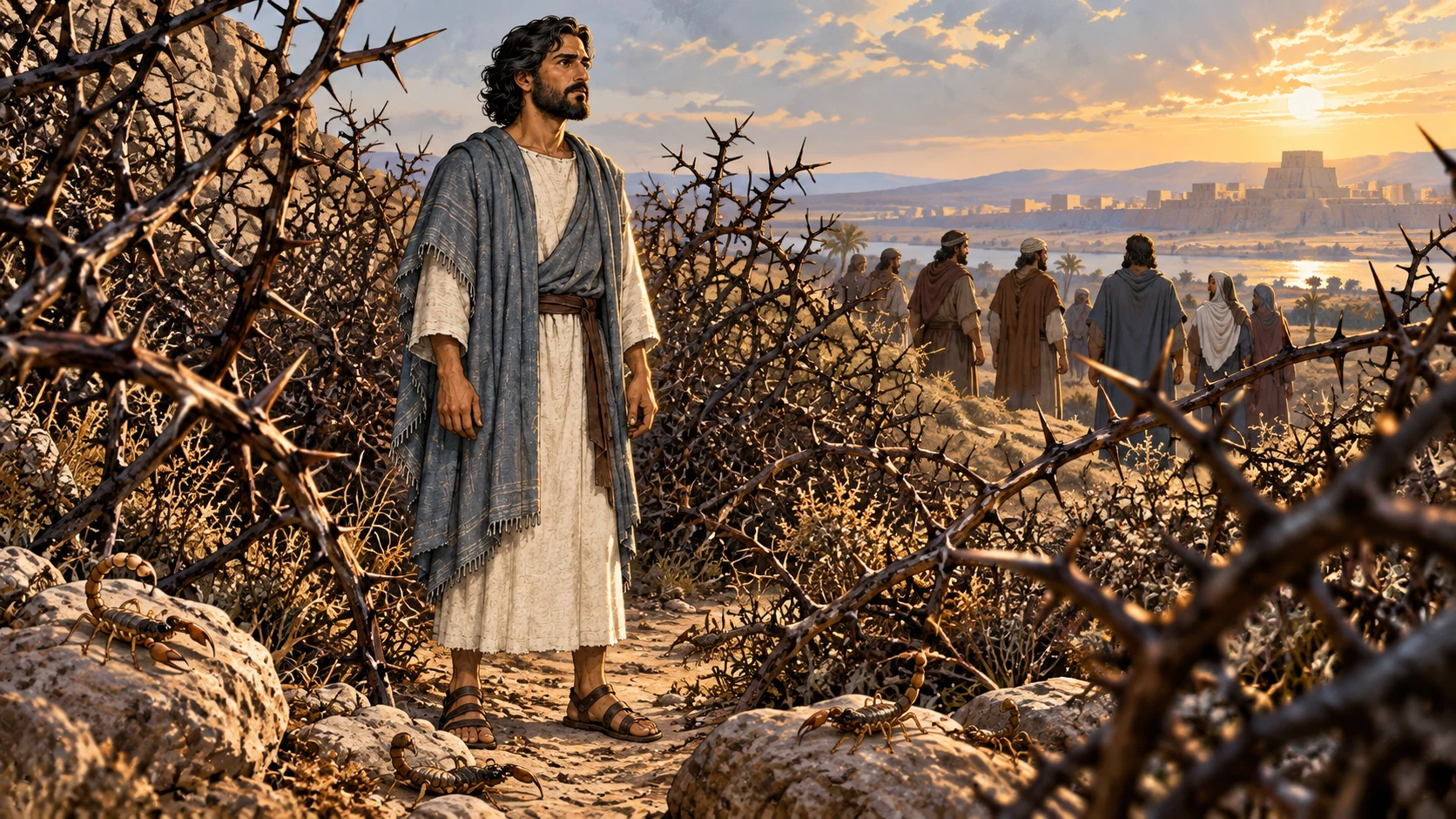 Ezekiel stands steady among thorn branches and small scorpions as the exiles recede.