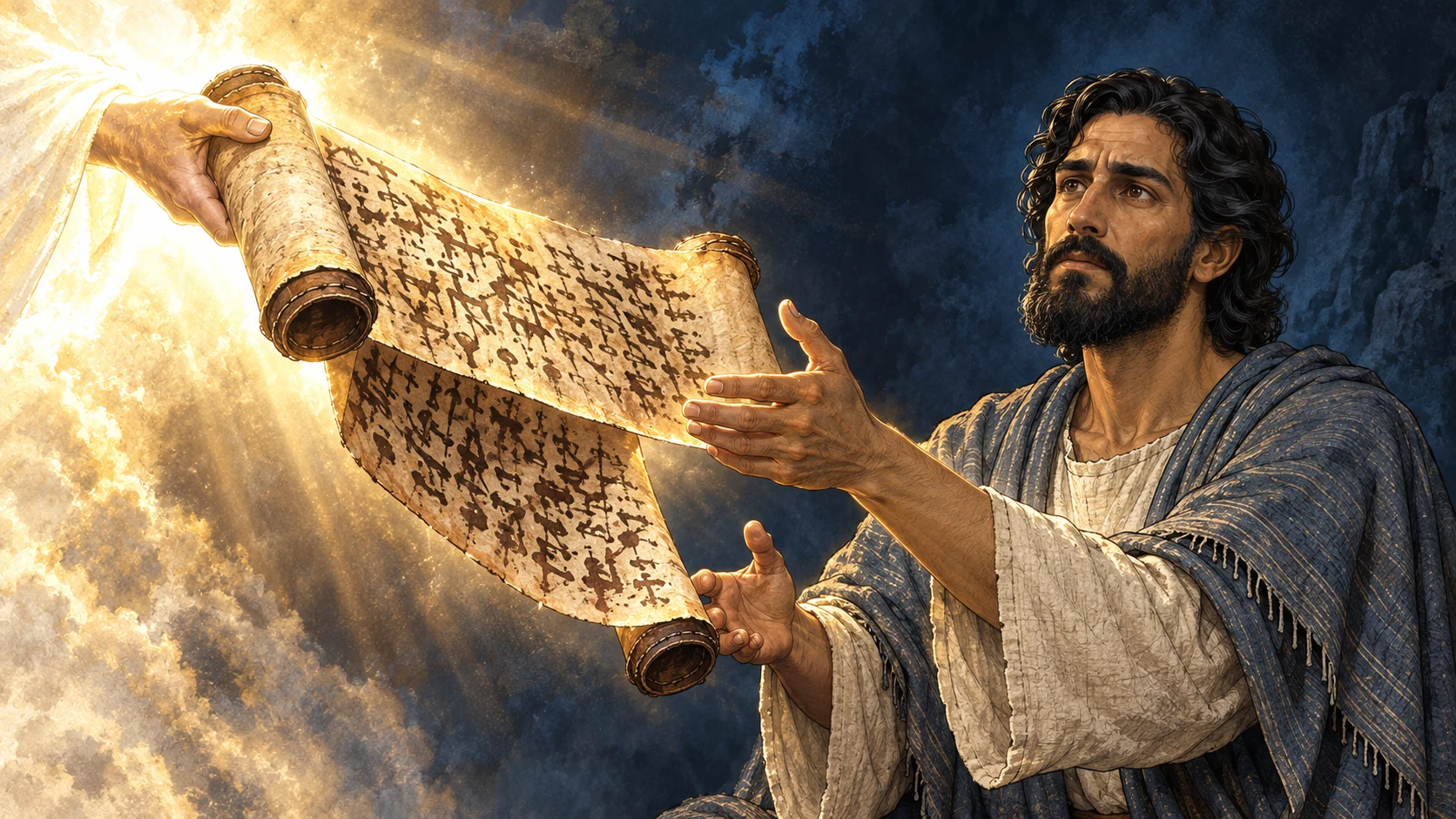 A radiant hand extends an inscribed scroll toward Ezekiel as he reaches to receive it.