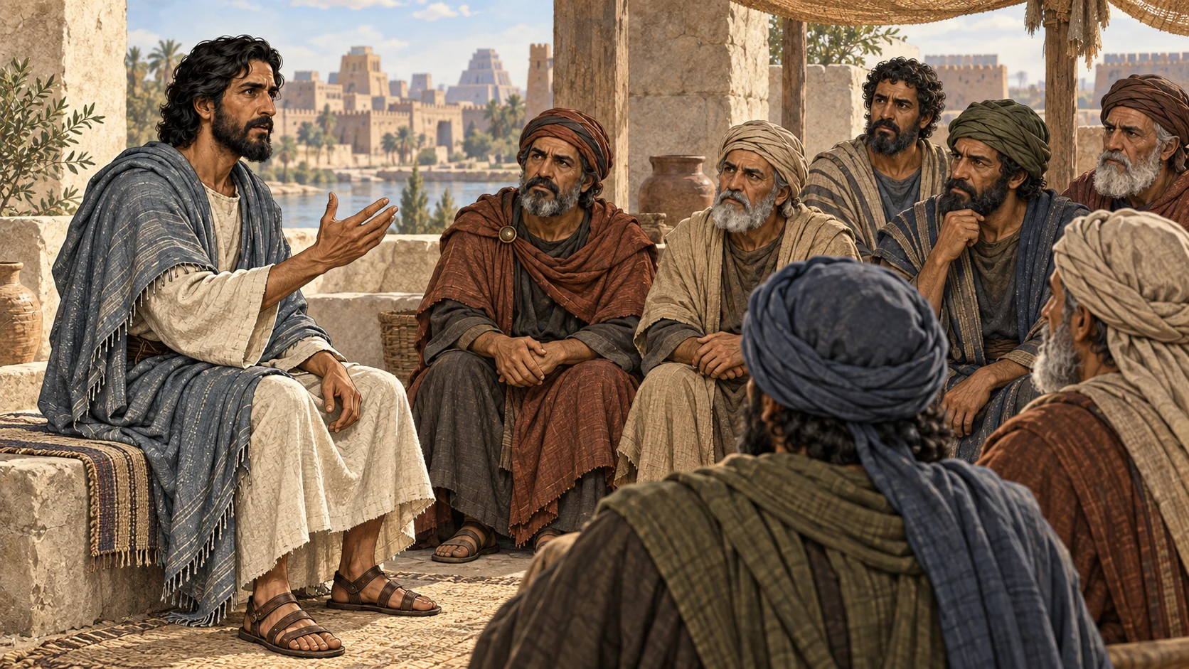 Ezekiel addresses a seated group of elders in an exile courtyard.