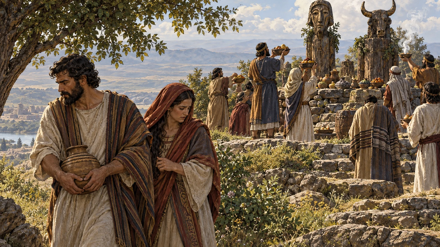 Unnamed worshipers approach crude hilltop idols while another family turns away.