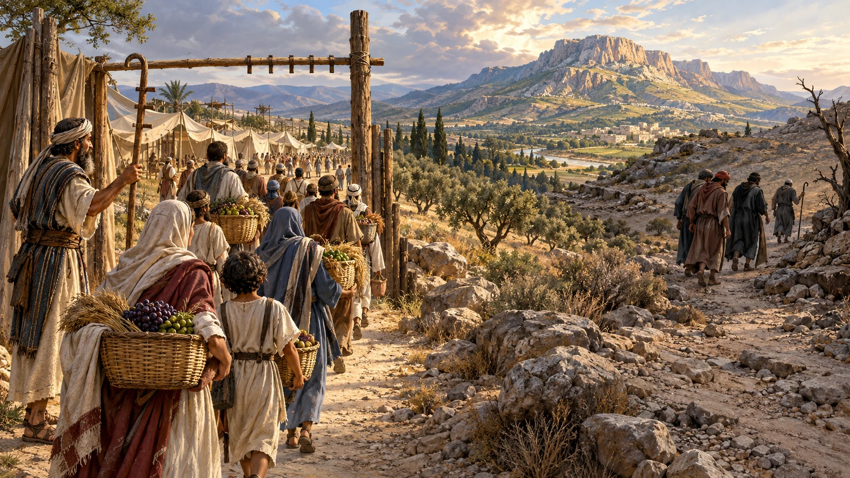 A gathered community passes beneath a shepherd’s rod toward Israel’s mountain with firstfruits.