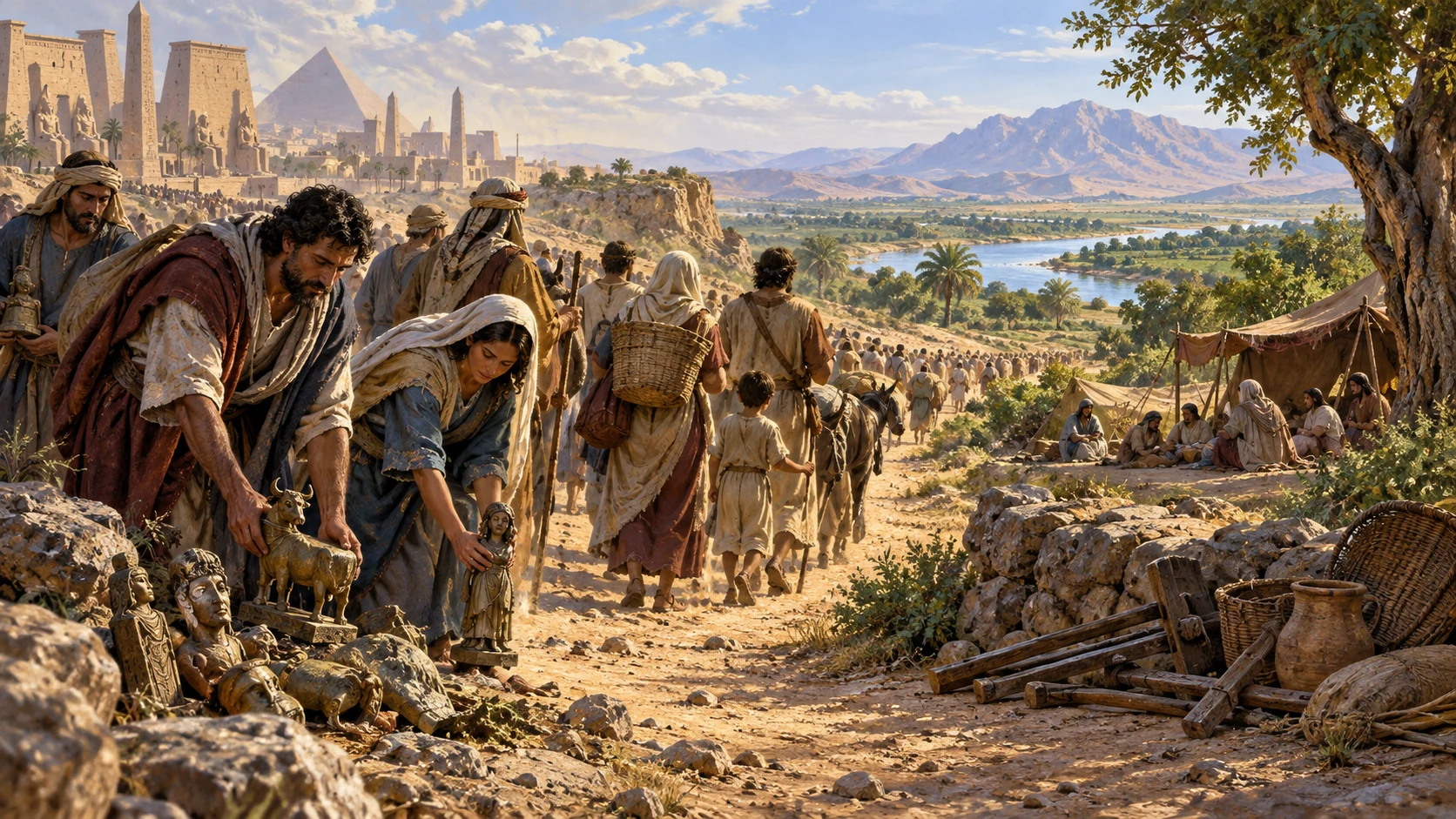 Families leave Egypt while adults set household idols aside beside the road.