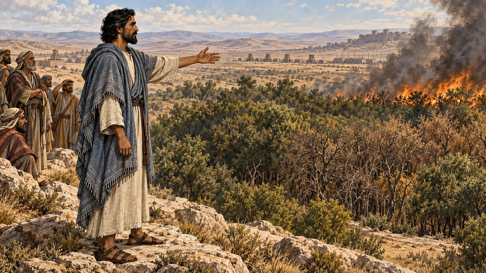 Ezekiel prophesies toward a southern forest where fire begins among green and dry trees.