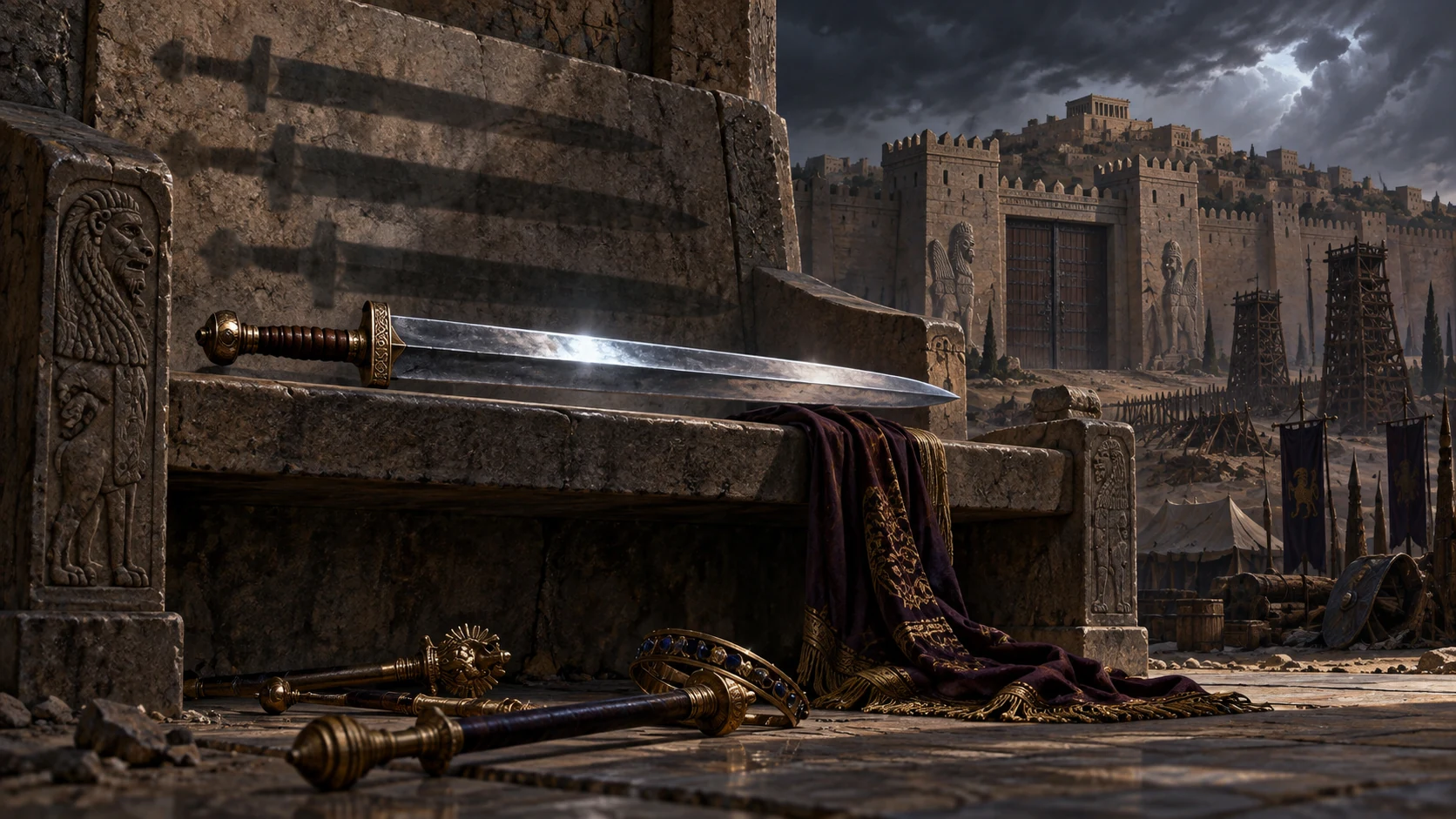 A polished sword, repeated shadows, closed gates, and fallen scepters form a solemn symbolic still life.