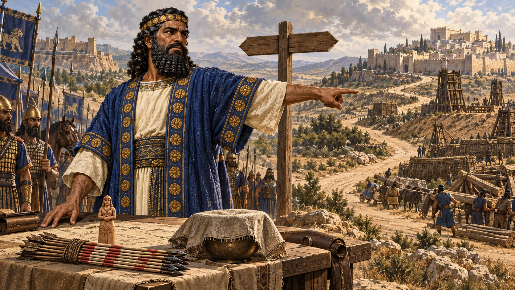Nebuchadnezzar points toward Jerusalem beside a forked road, arrows, a figurine, and covered bowl.