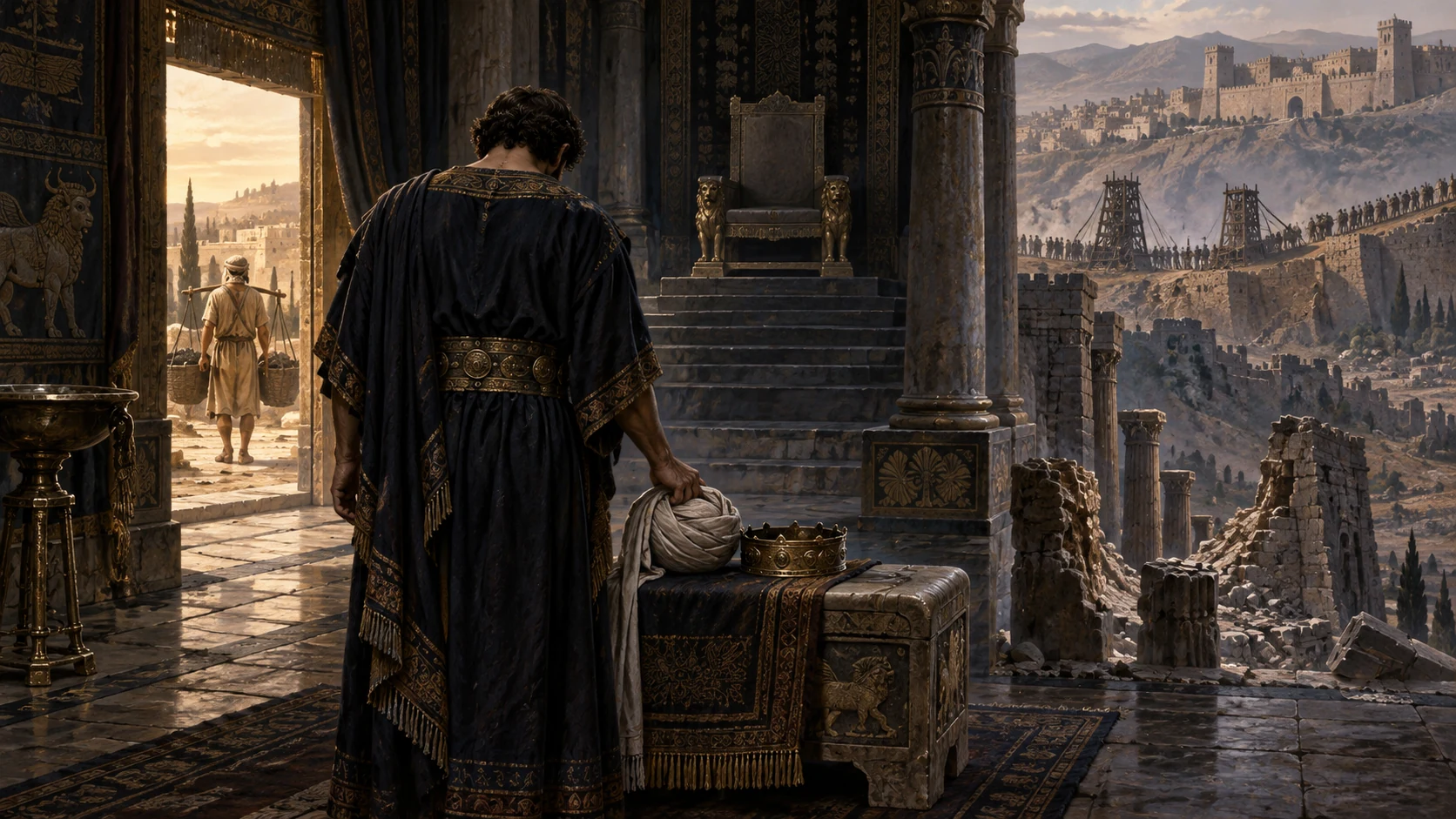 An unnamed prince sets down turban and crown before an empty throne and broken tiers.