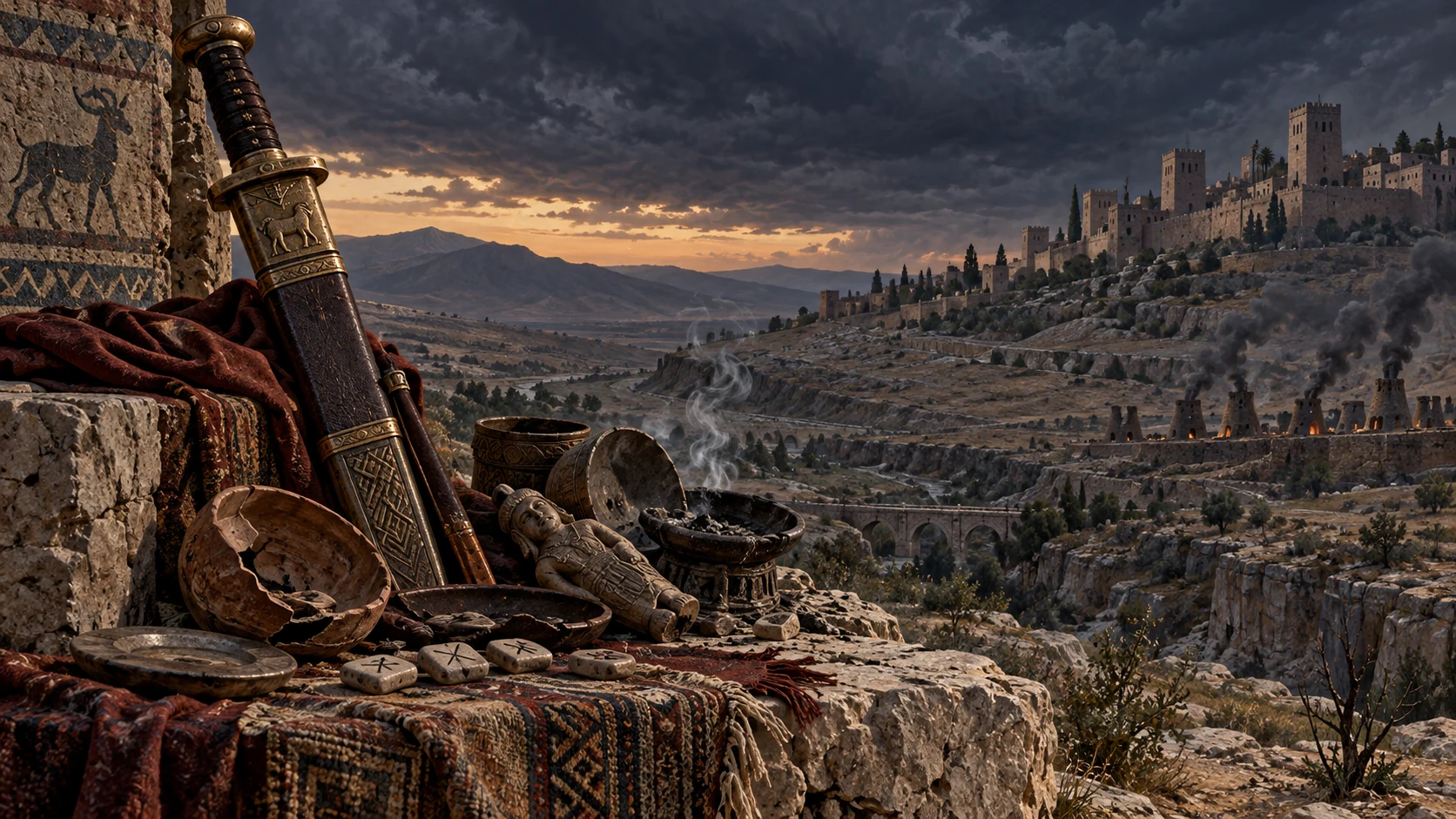A sheathed sword and spent divination objects overlook distant Ammonite towers and craft fires.
