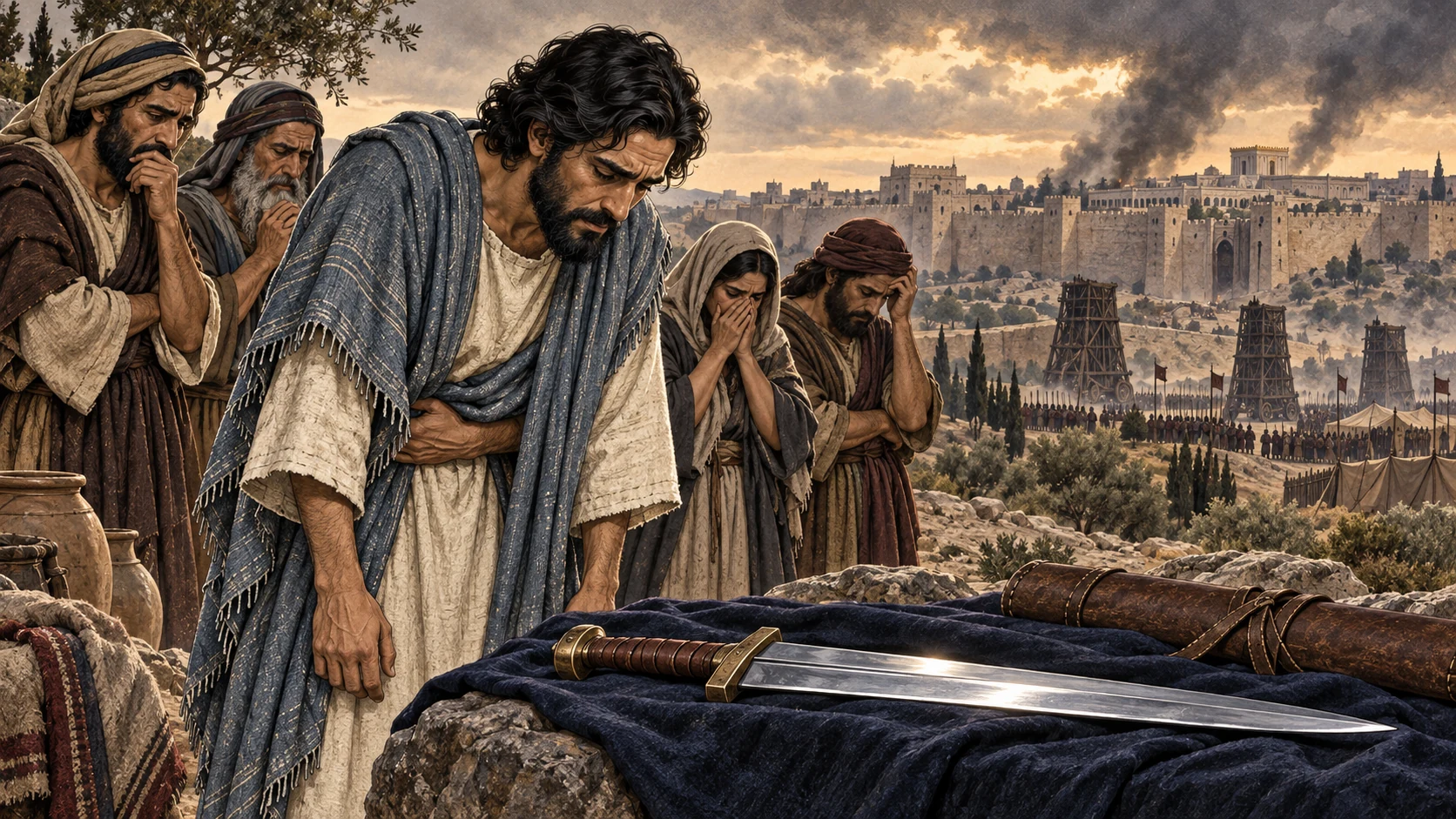 Ezekiel bends in grief beside an untouched polished sword while Jerusalem stands in the distance.
