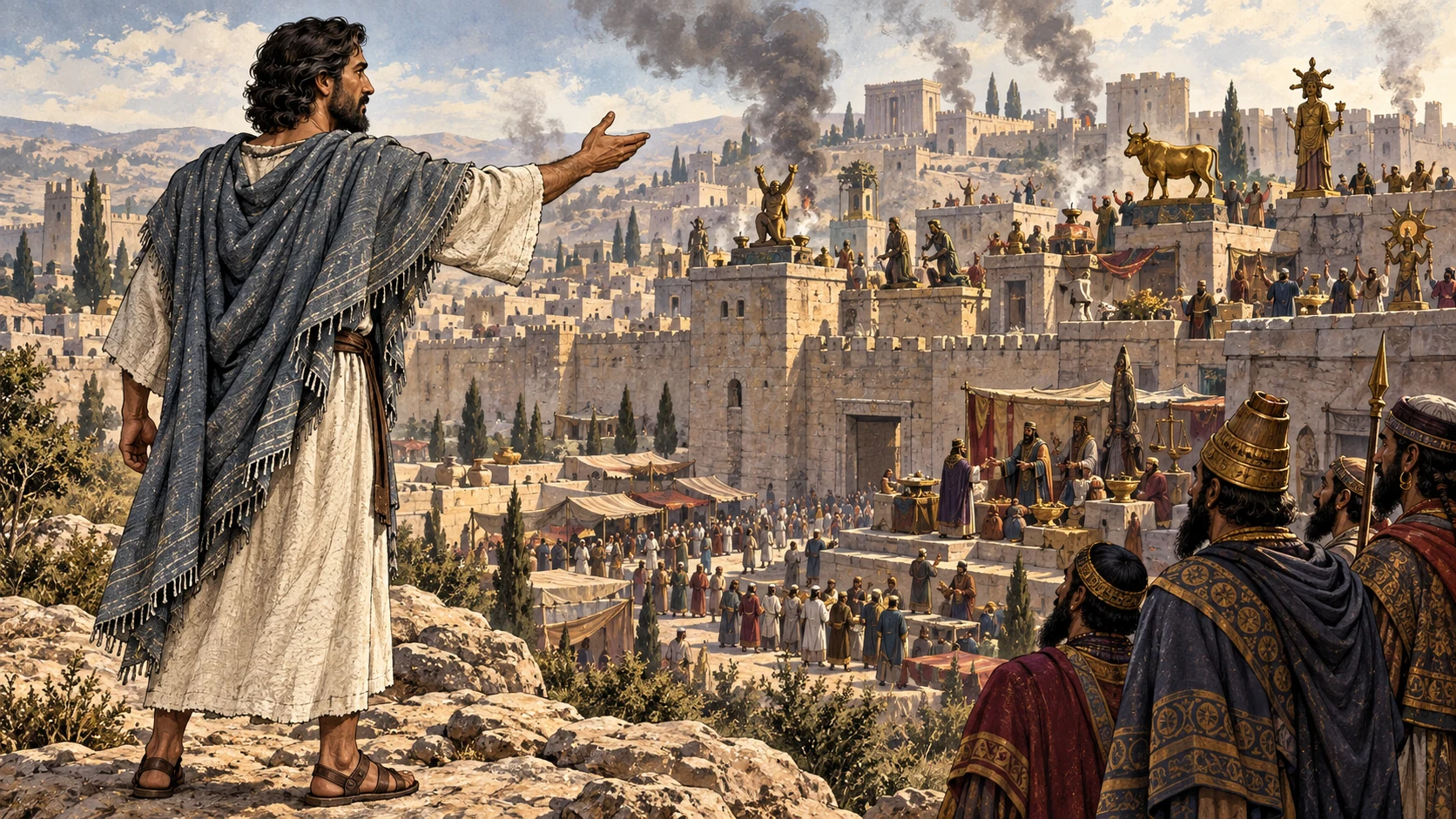 Ezekiel addresses Jerusalem from a rocky overlook as idols and civic turmoil fill the distant city.