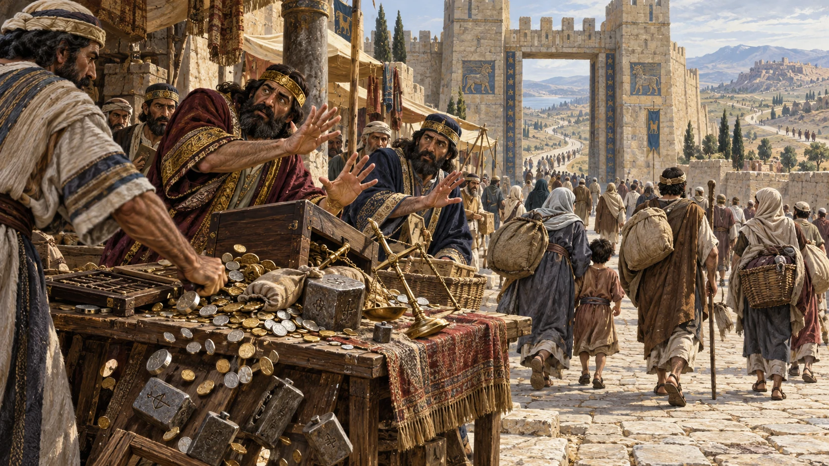 False weights and coins scatter as families leave Jerusalem through its gates.