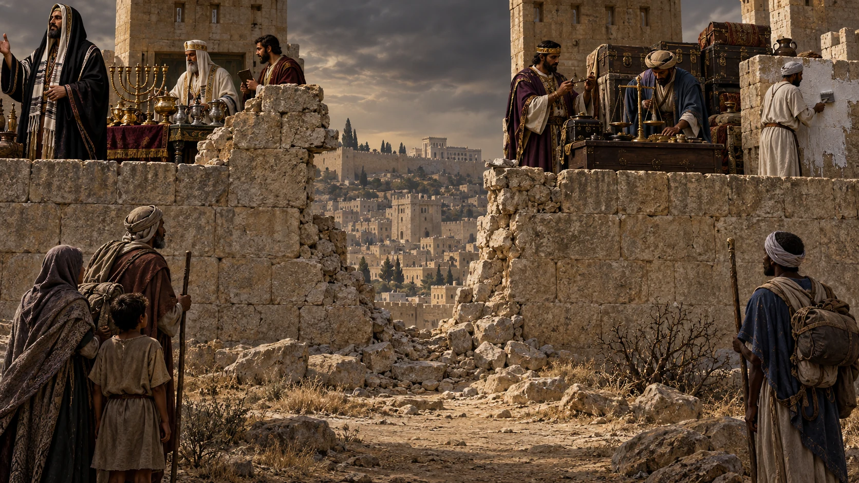 Corrupt leaders work beside wealth and whitewash while a central breach in Jerusalem’s wall stands empty.