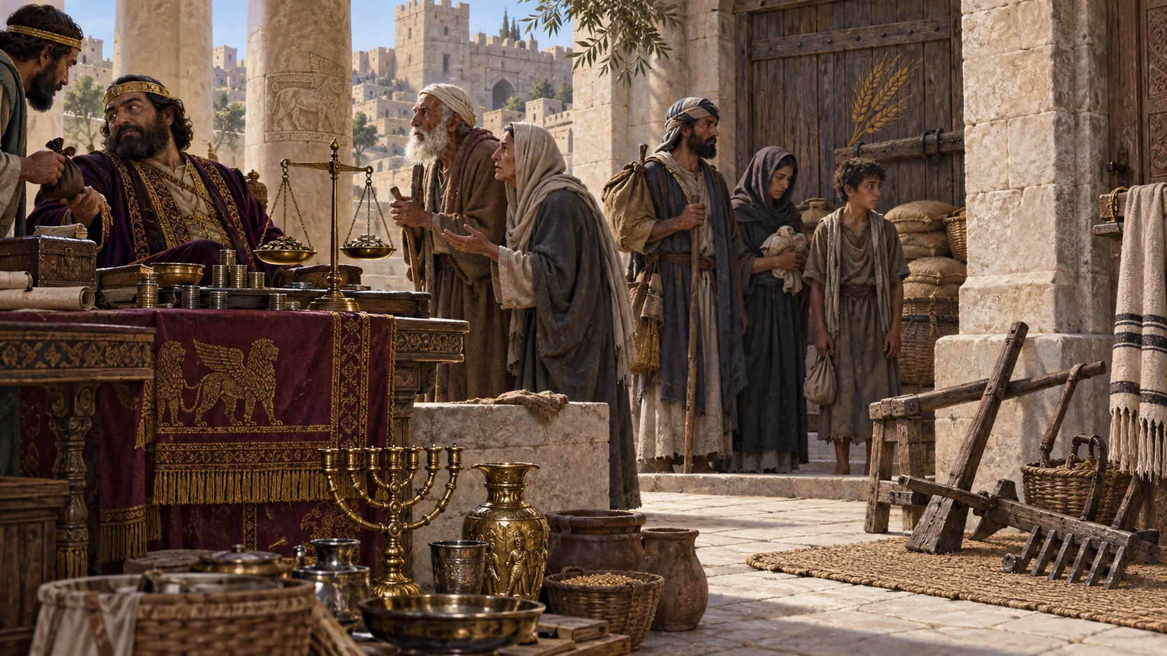 An official takes hidden payment while an elderly couple, foreign traveler, widow, and youth wait at a closed store.