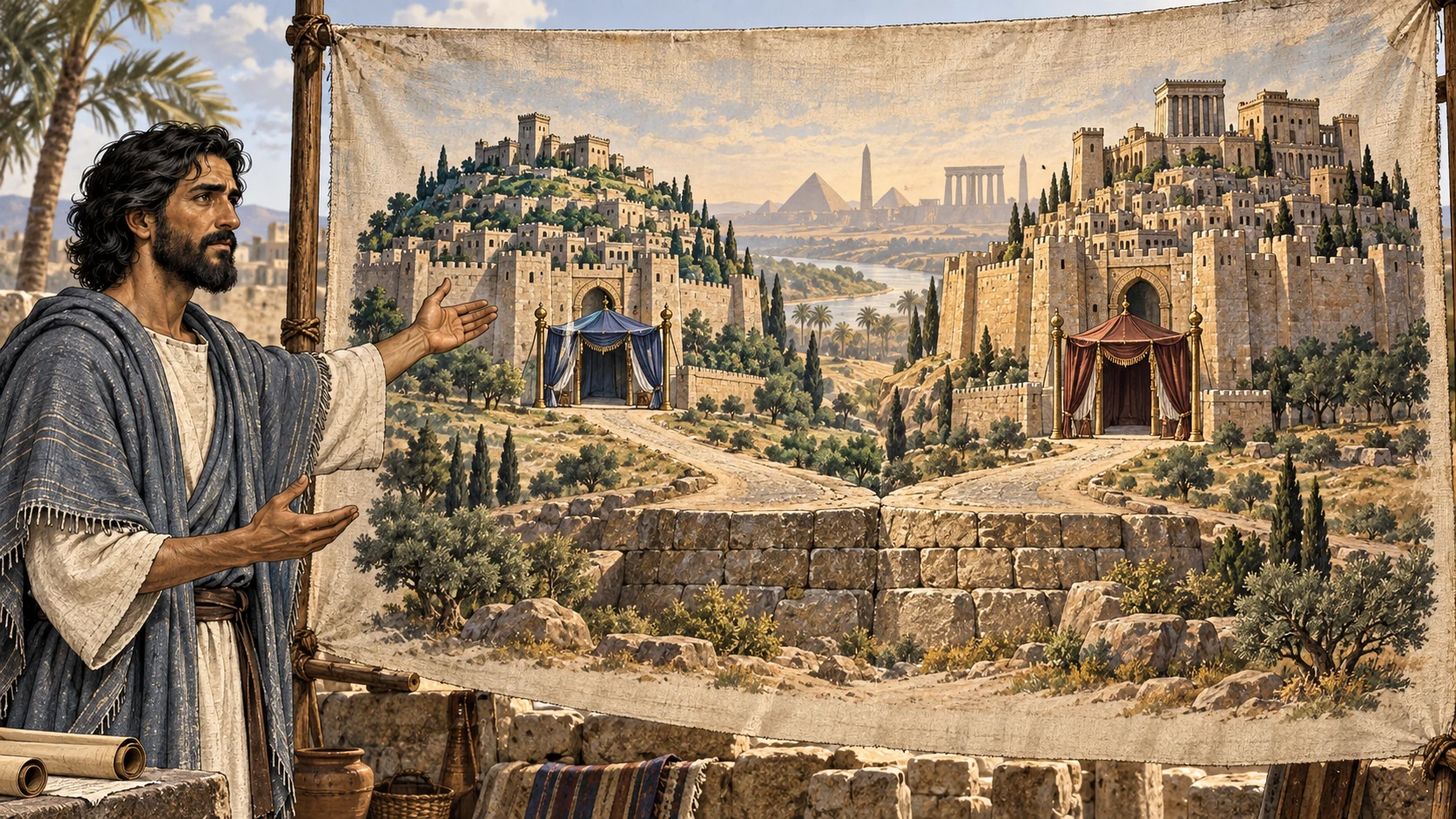 Ezekiel explains a cloth showing Samaria and Jerusalem as sister cities with two empty gate tents.