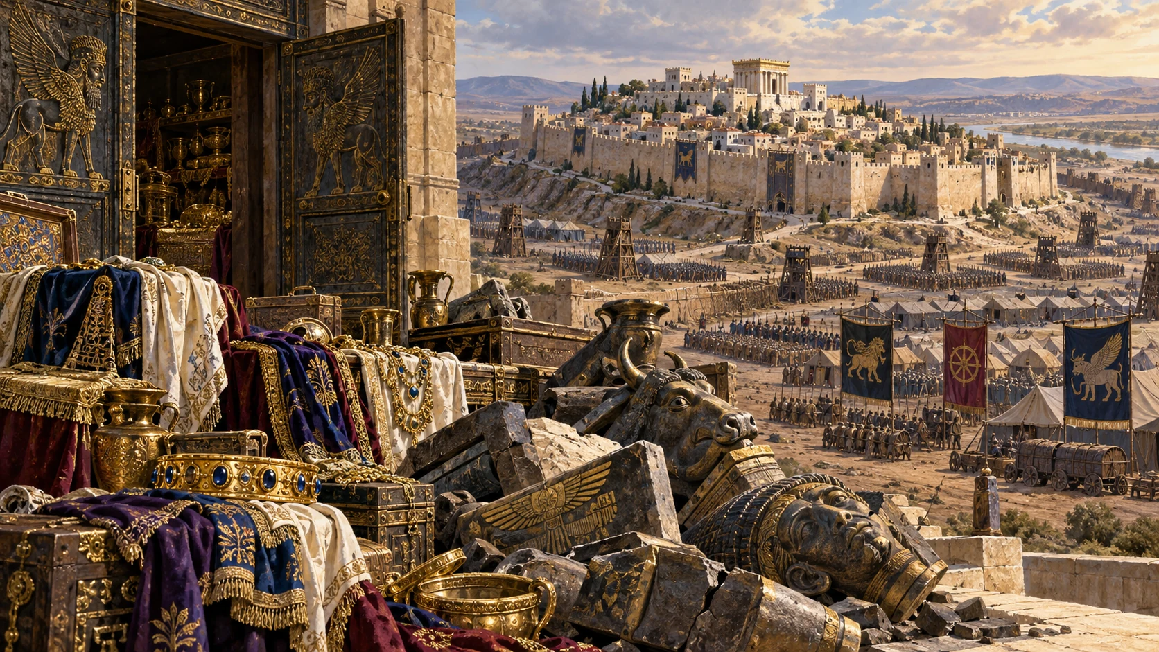 Siege camps surround Jerusalem while garments, ornaments, and toppled idols fill an opened treasury.
