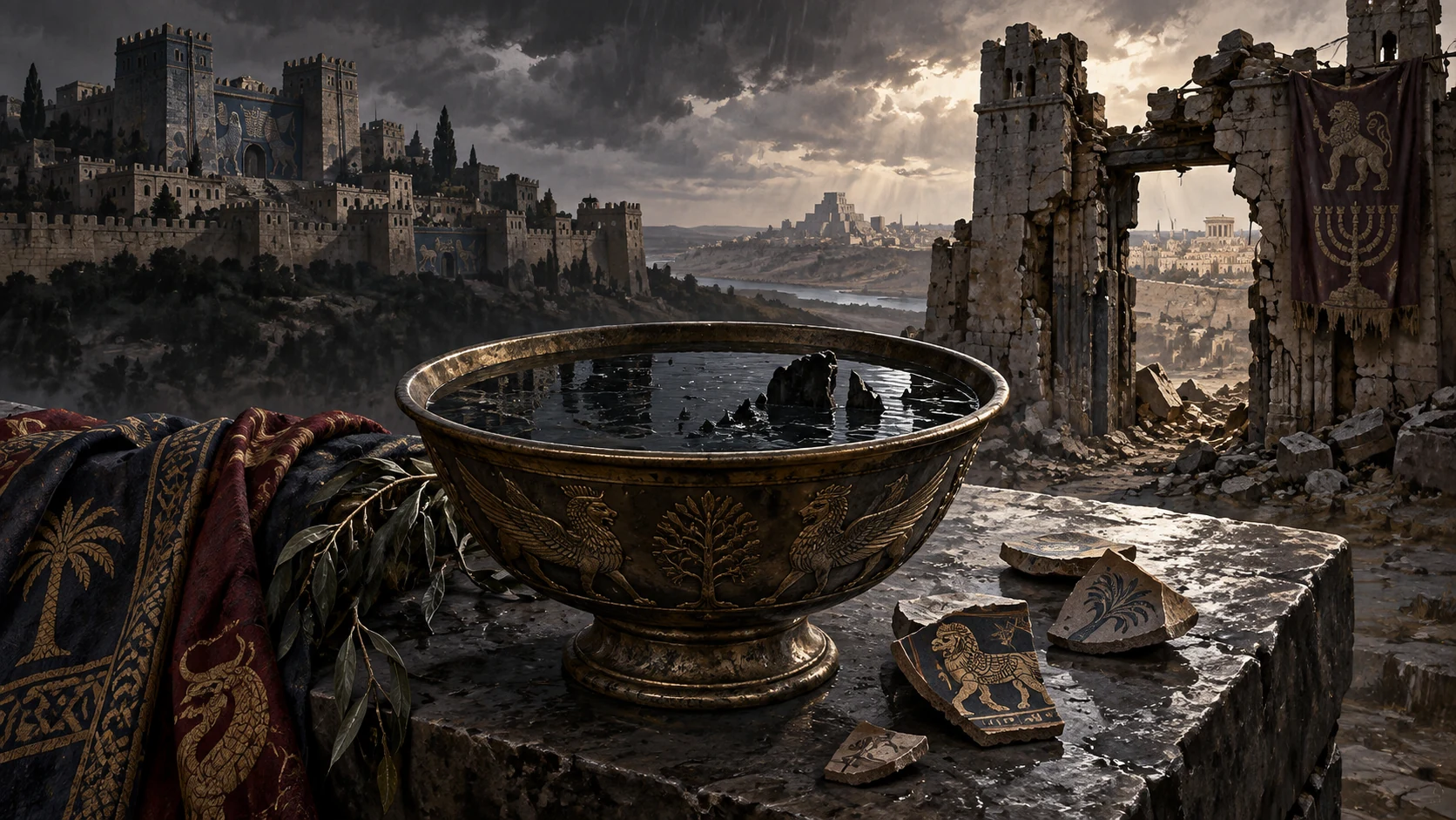 A wide cup of dark rainwater and clean shards stands between Samaria and Jerusalem.