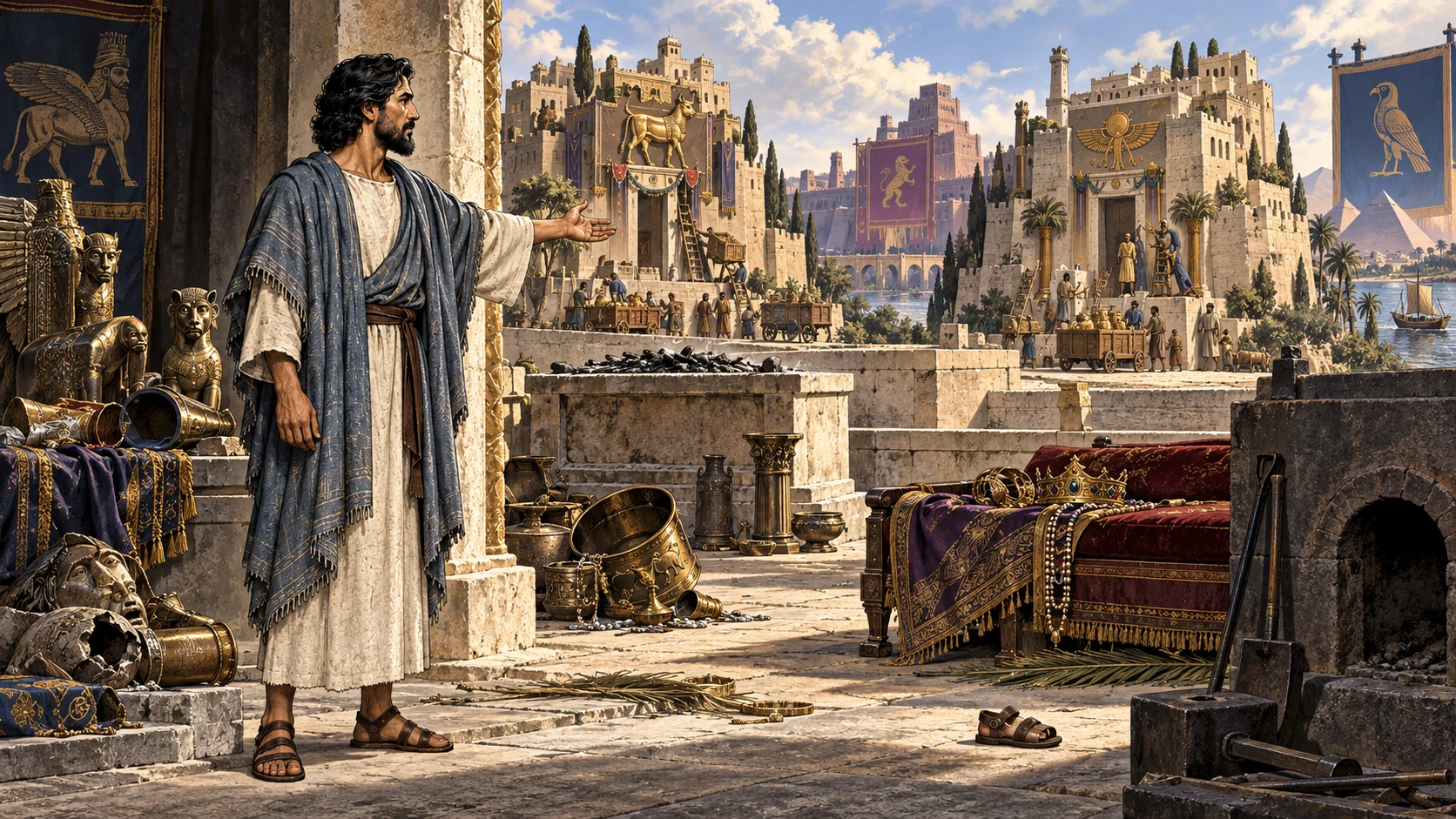 Ezekiel stands between abandoned idols and a polluted sanctuary as corrupt furnishings are dismantled in the distance.