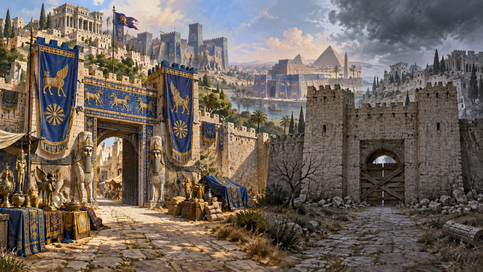 Samaria’s gate shifts from blue Assyrian splendor to a closed, stripped, abandoned entrance.